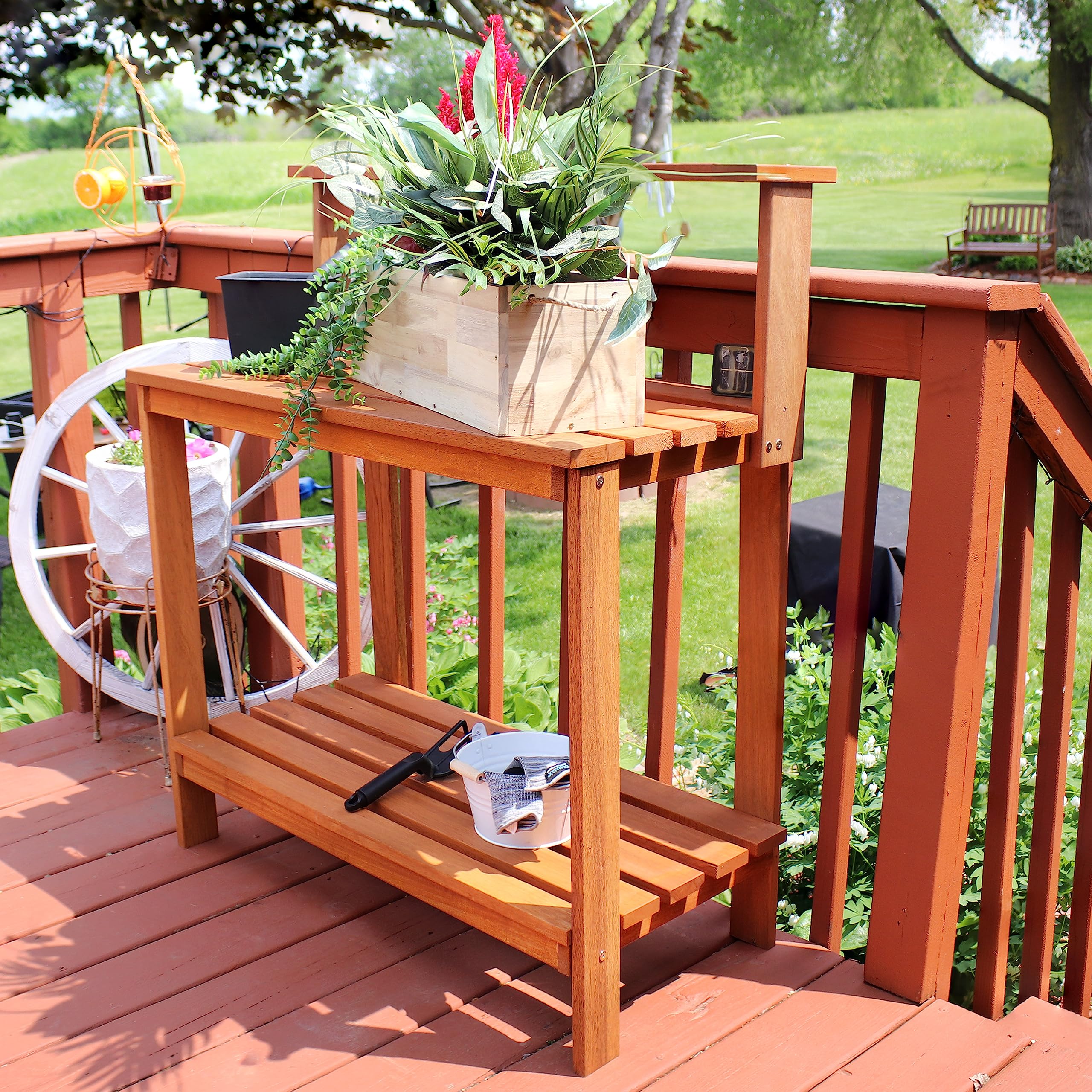 Sunnydaze 42-Inch Meranti Wood Outdoor Potting Bench with Storage Shelf - Durable Teak Oil Finish for Gardening & Plant Care - Perfect for Patio, Greenhouse & Backyard Use