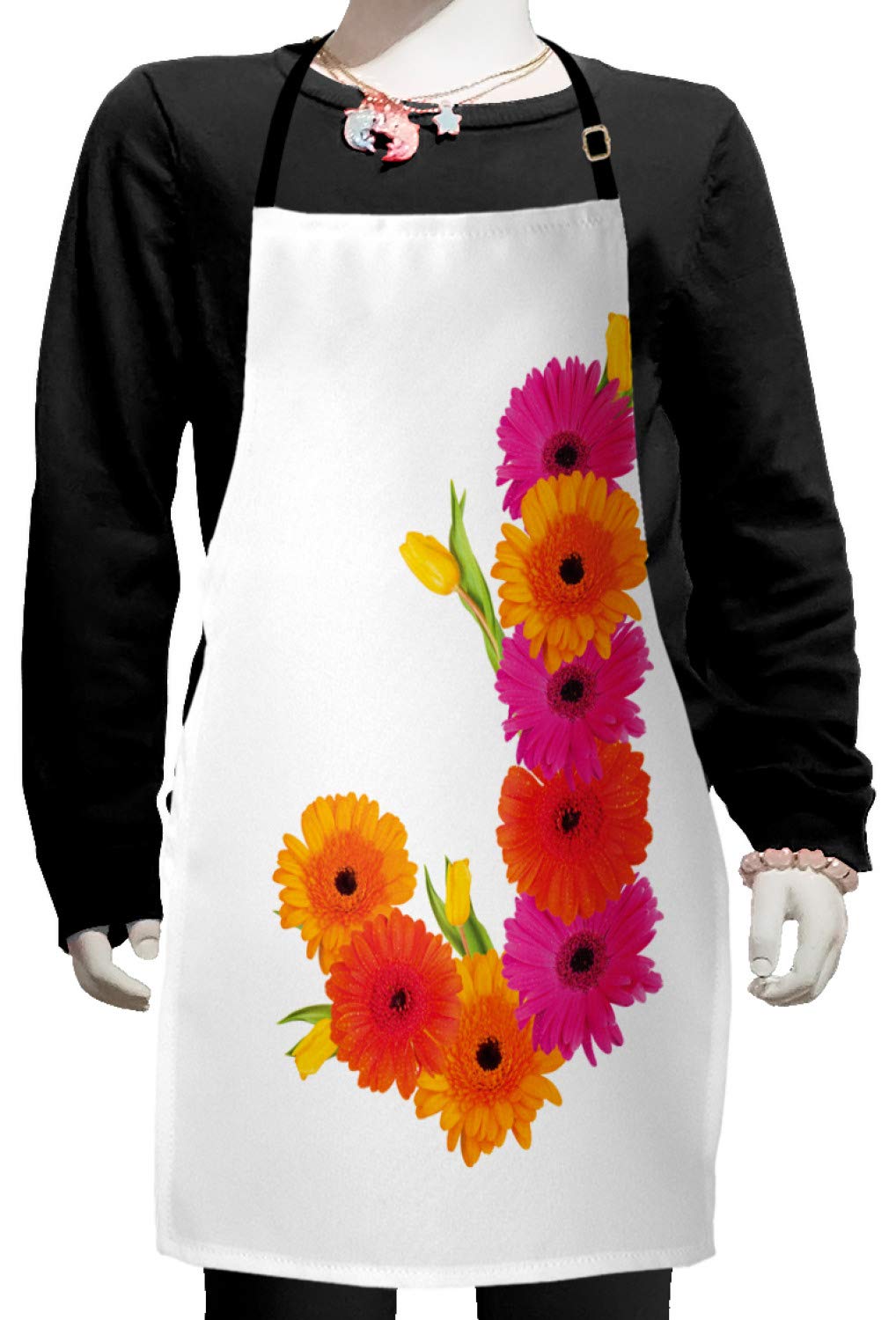 Ambesonne Floral Alphabet Apron - Spring Letter J with Gerbera & Yellow Tulips, Adjustable Ties Baking & Painting Apron, Small Size in Marigold Hot Pink Green | Perfect for Kitchen Cooking, Art Classes & DIY Crafts