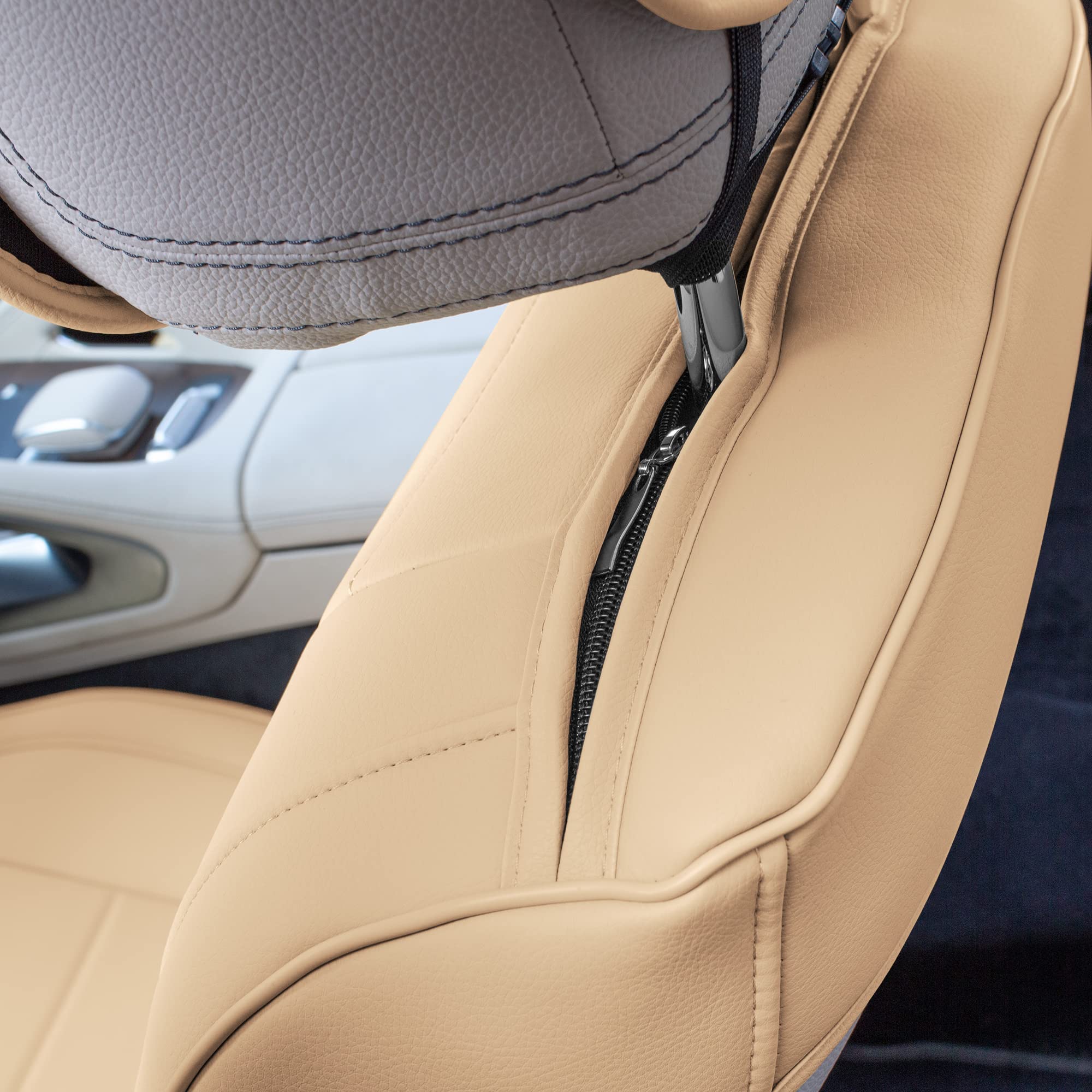 Premium TLH Grande70 Luxe Faux Leather Beige Car Seat Covers - 2 Pack Waterproof Universal Fit for Cars, Trucks & SUVs | Elegant Pattern | Comfort & Protection for Daily Commute, Road Trips & Family Travel