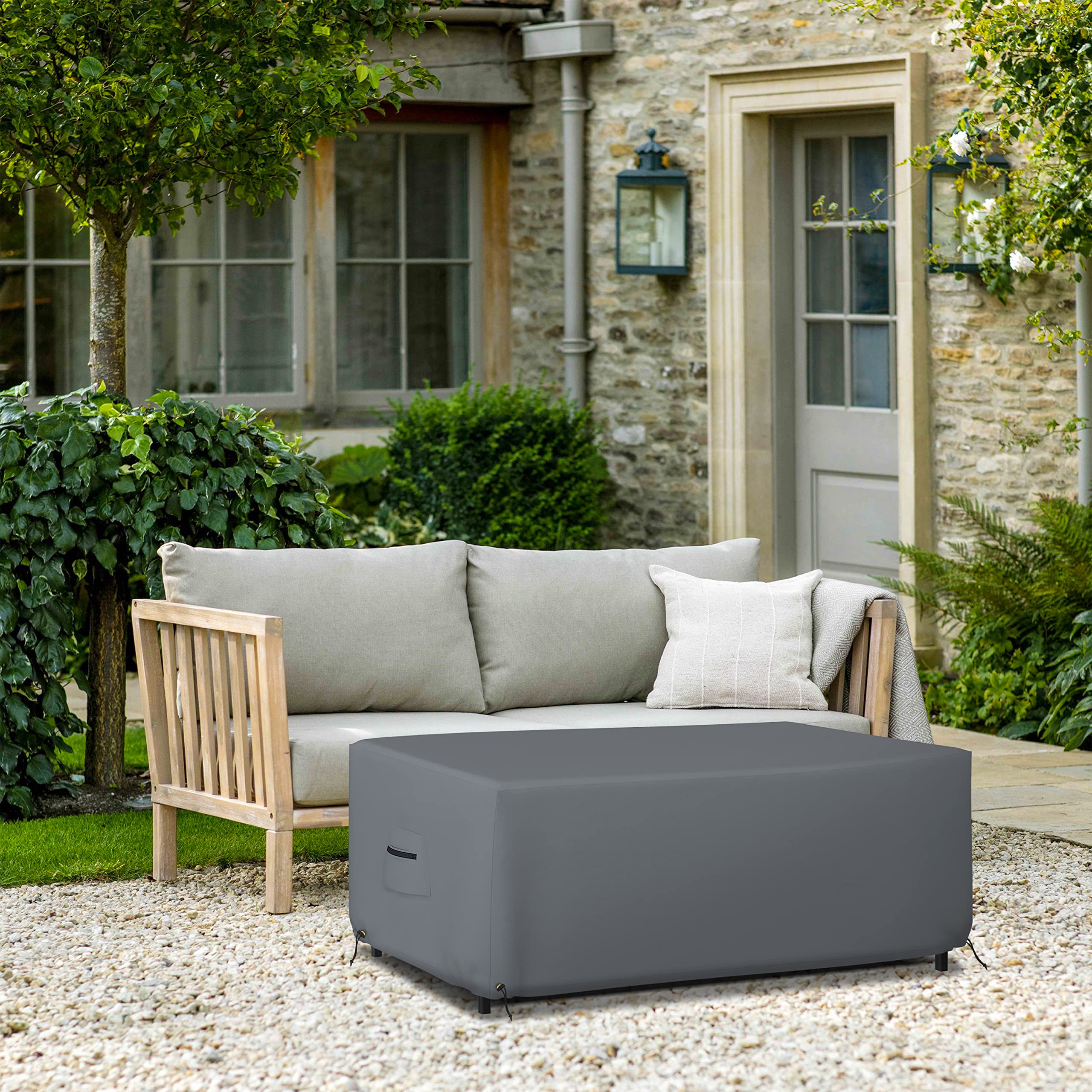 Waterproof Outdoor Table Cover 72x44 Inches - Heavy Duty 12oz Weatherproof Rectangle/Oval Patio Furniture Protector with Air Pocket & Drawstring for Secure Fit (Grey) - Perfect for Picnics, BBQs, and Backyard Parties