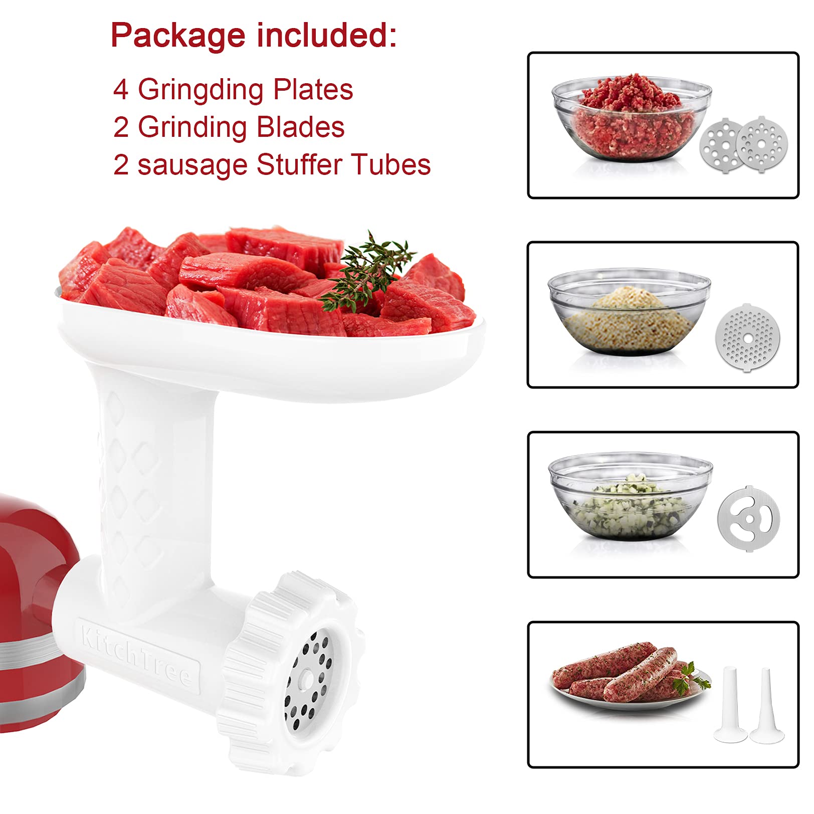 KitchenAid Stand Mixer Meat Grinder Attachment - Includes 2 Sausage Stuffer Tubes & 4 Grinding Plates - White Food Processor for Ground Beef, Sausage Making - Perfect for Home Kitchen, BBQ Prep & Meal Prepping