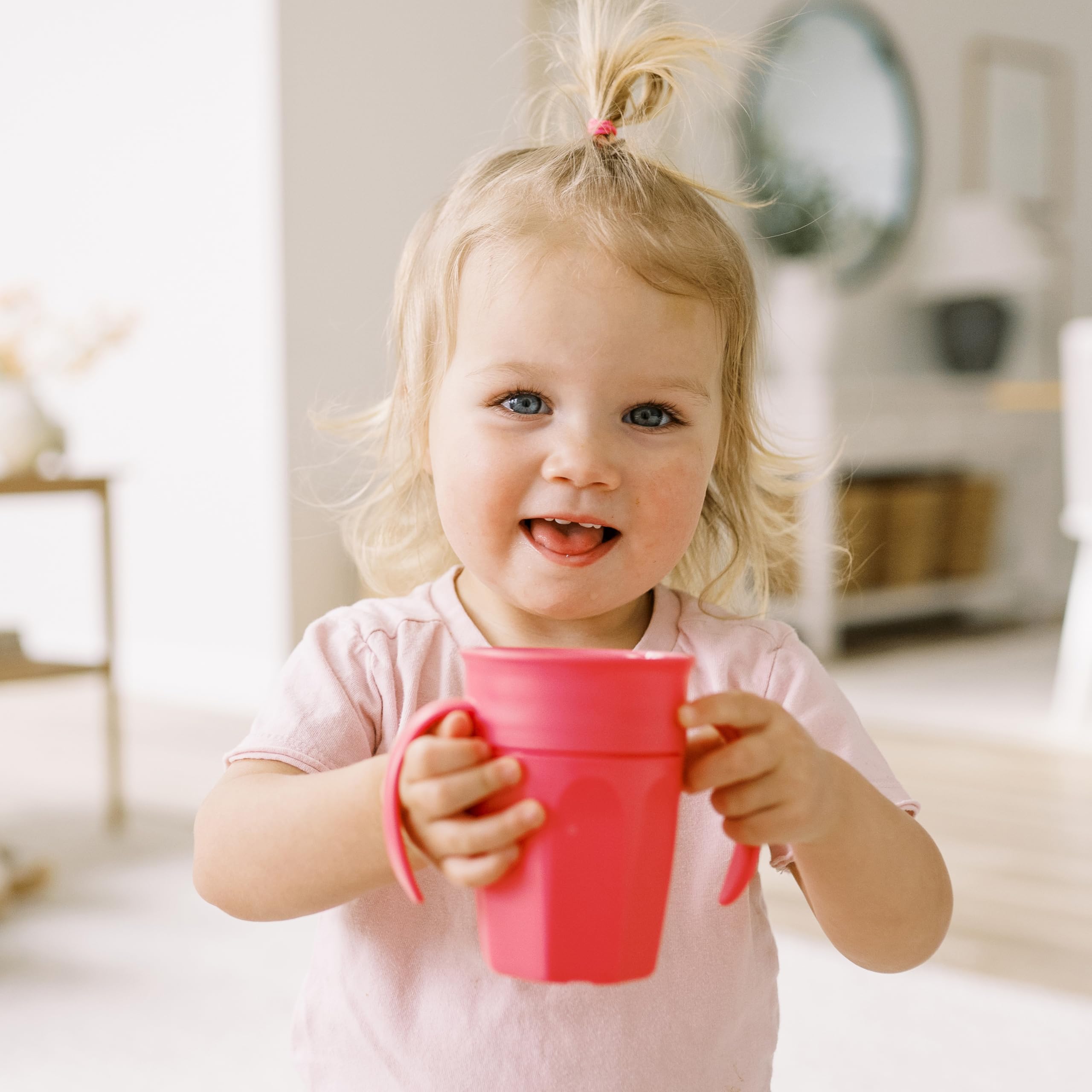 Dr. Brown's Milestones Cheers 360 Spoutless Sippy Cup with Handles - 7oz/200ml Leak-Proof Transition Cup for Babies 6+ Months - BPA-Free, Easy Grip Design (Pink) - Perfect for On-the-Go Feeding & Learning Independent Drinking Skills