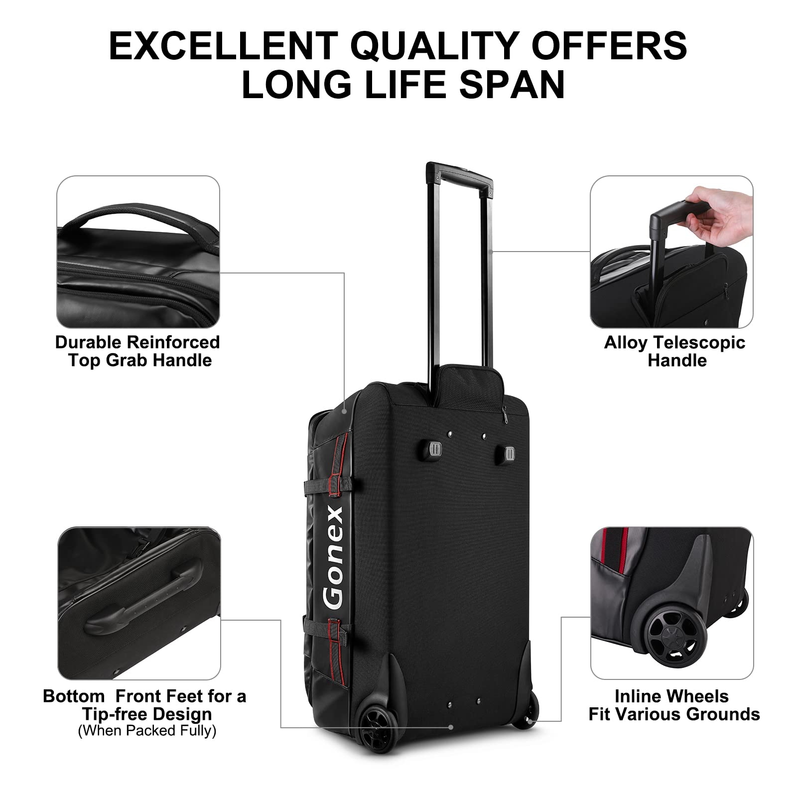 Gonex 70L Waterproof Rolling Duffle Bag with Wheels - 25 Inch Wheeled Travel Luggage for Camping, Gym & Air Travel | Black