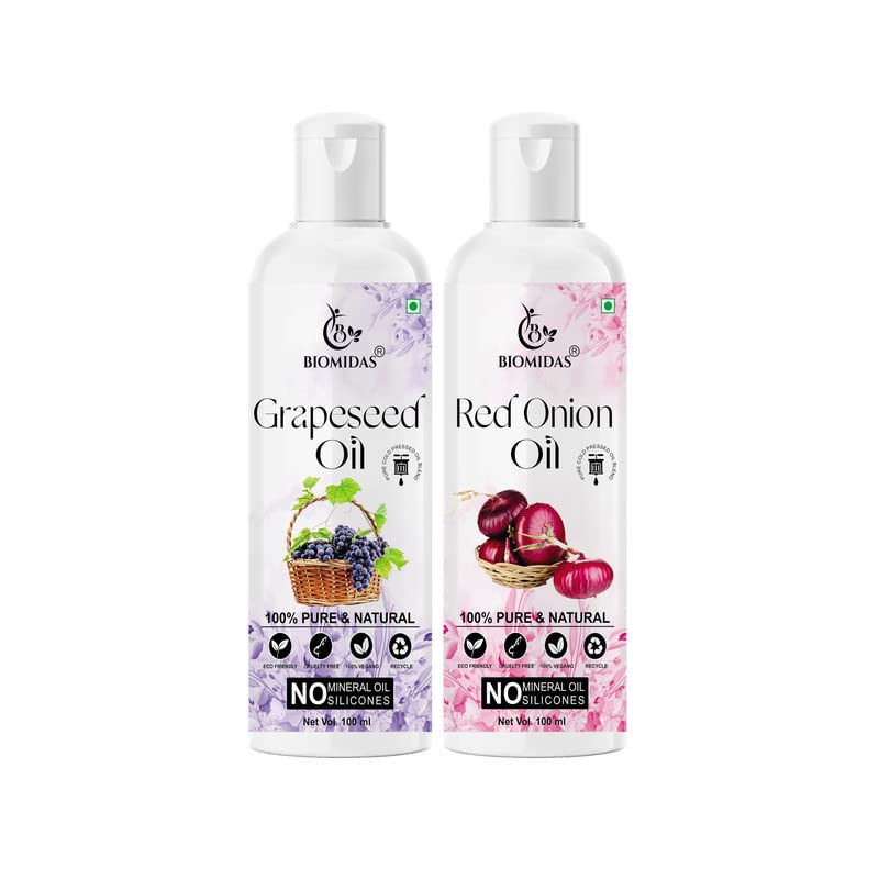 Biomidas 100% Pure Grapeseed Oil & Red Onion Oil Combo (100ML Each) - Promotes Rapid Hair Growth, Reduces Hair Fall & Split Ends for Softer, Shinier Hair - Perfect for Daily Hair Care & Scalp Treatment (Pack of 2)