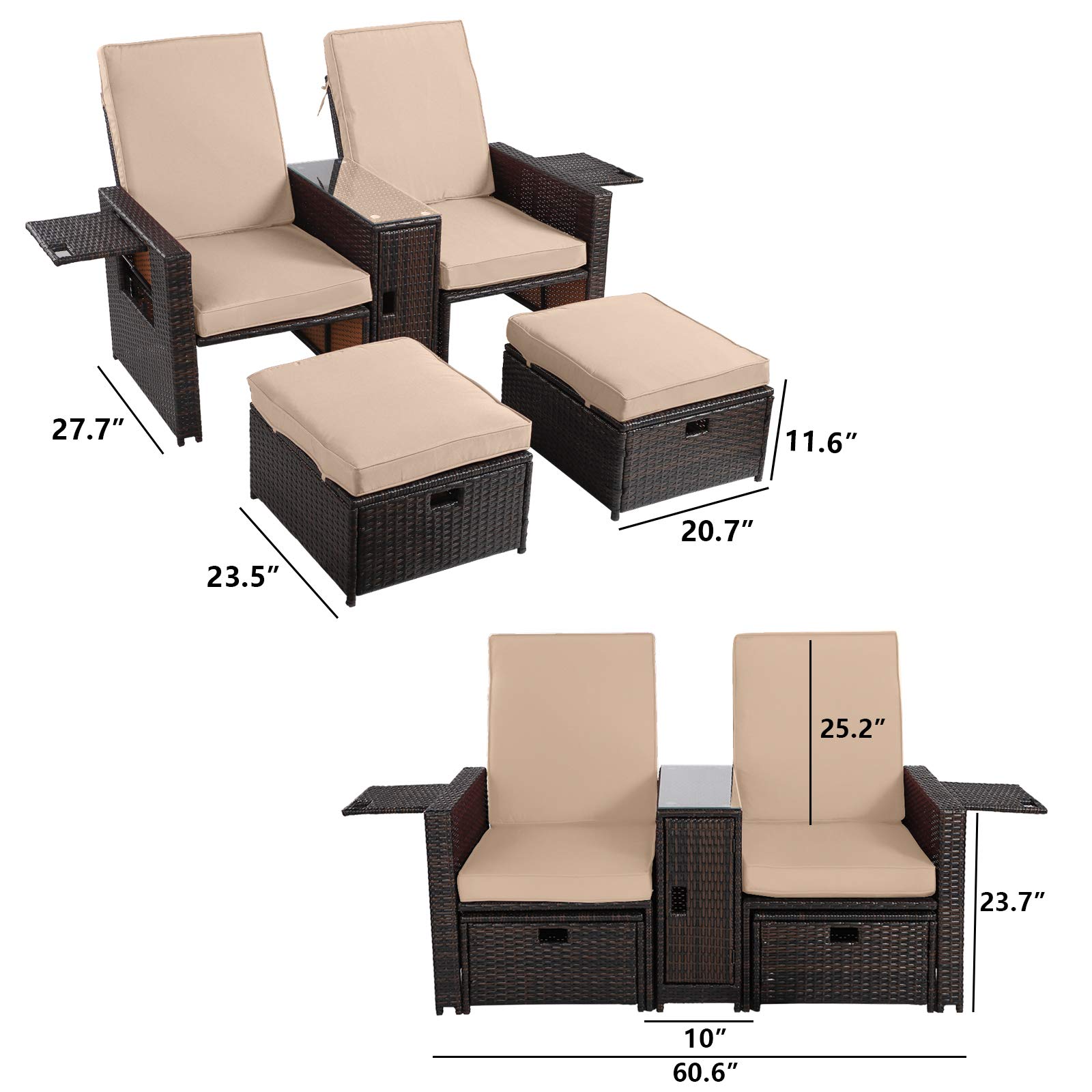 5PCS Outdoor Patio Furniture Set - Wicker Loveseat Sofa with Adjustable Backrest, Coffee Table & Ottoman - Rattan Lounge Chair for Garden, Beach, Poolside, Balcony, Backyard, Deck - Perfect for Relaxing, Entertaining & Outdoor Dining