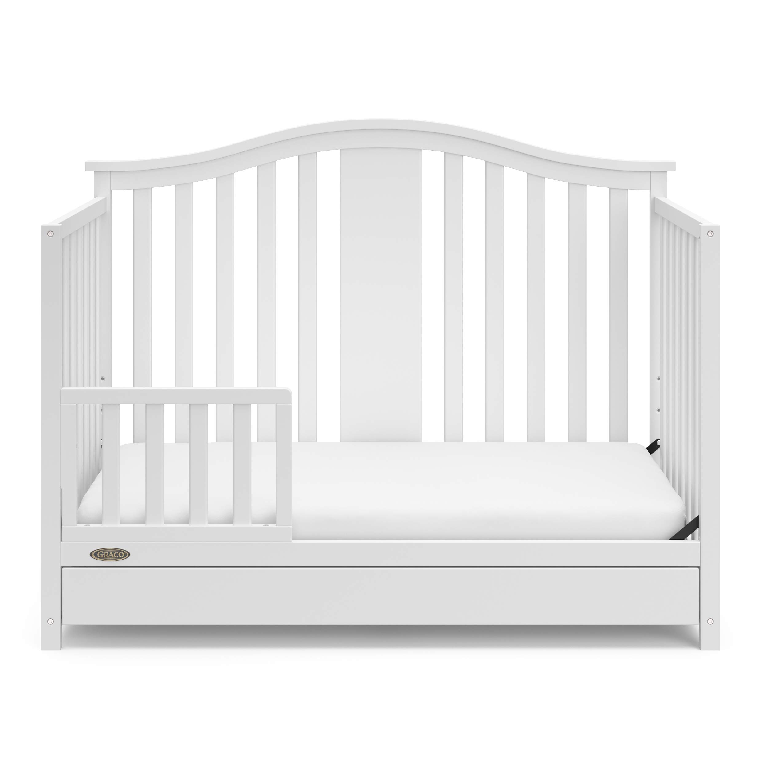 Graco Solano 4-in-1 Convertible Crib with Storage Drawer - GREENGUARD Gold Certified, White Nursery Furniture Converts to Toddler & Full-Size Bed | Safe Baby Crib for Nursery, Bedroom & Daycare Use