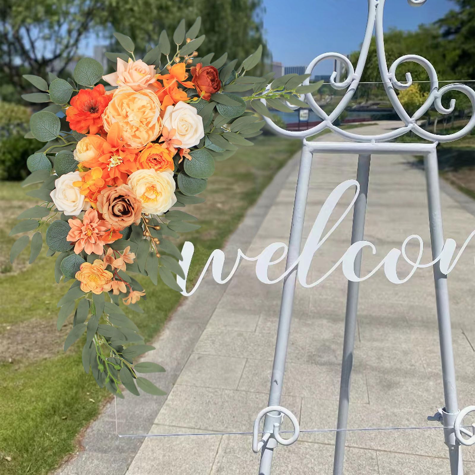 Faux Flower Set of 2 - Artificial Wedding Arch Flowers for Welcome Signs, Reception Decor & Backdrop (Orange) | Perfect for Wedding Ceremonies, Bridal Showers & Home Decor