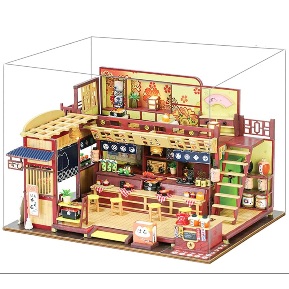Montidey Japanese Sushi Restaurant Dollhouse Miniature DIY Kit - Wooden Doll House with LED Lights & Furniture - Creative Birthday Gifts for Adults | Home Decor, Collectible Display & Relaxing Hobby Project