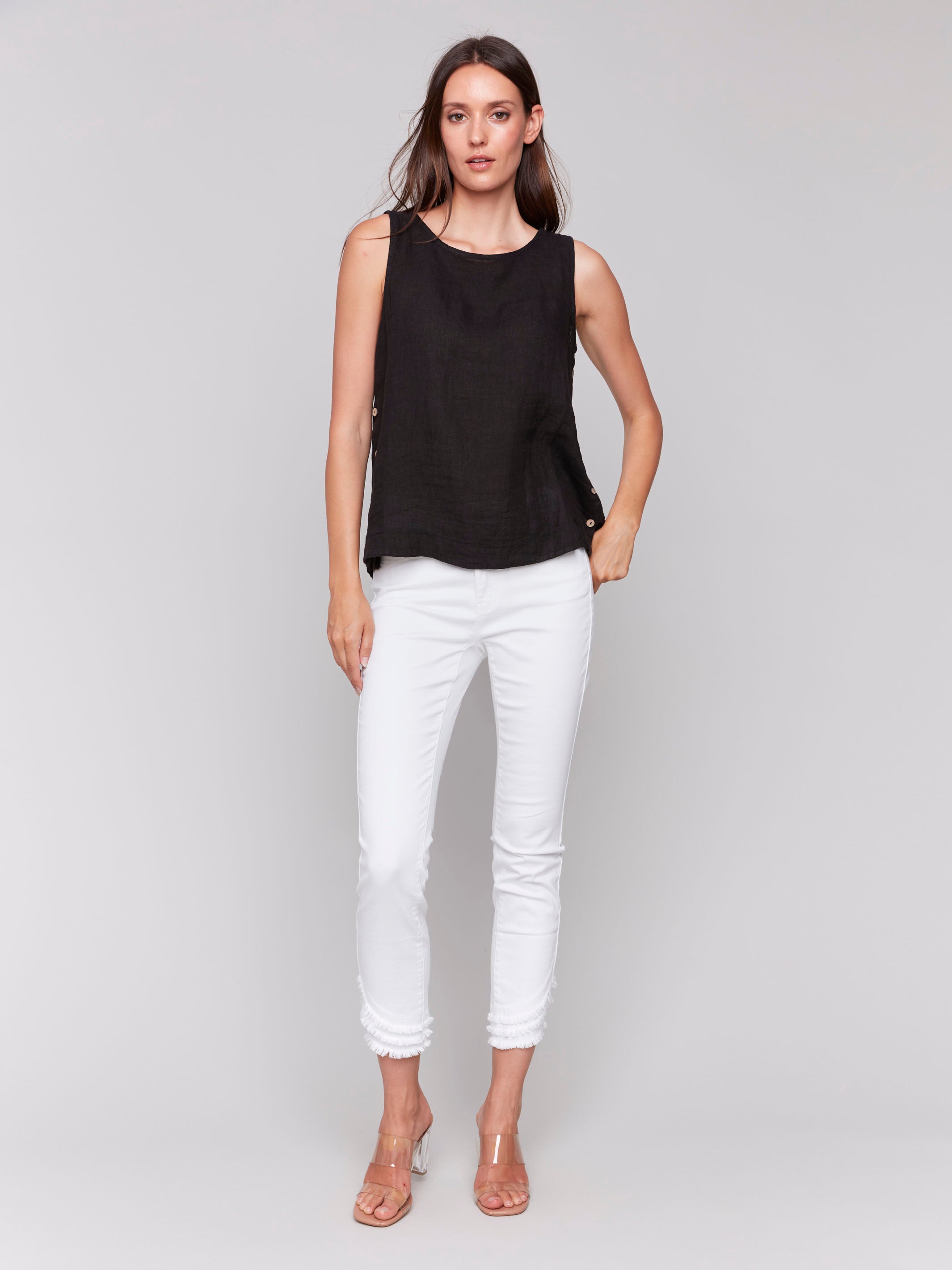 Breathable Sleeveless Linen Top for Women with Side Buttons - Black | Summer Casual Wear, Beach Cover Up, Boho Outfit