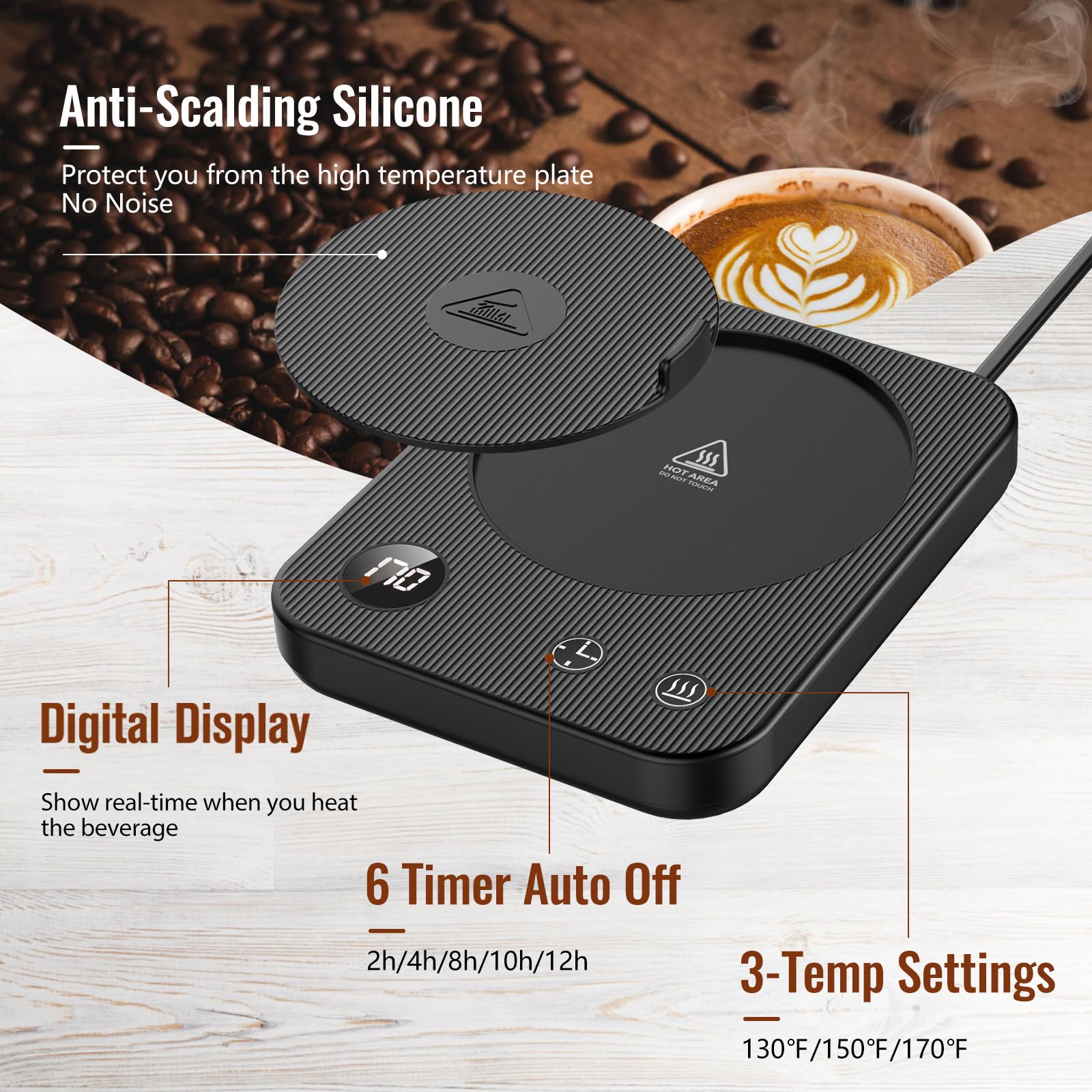 3-Temperature Coffee Mug Warmer with Auto Shut-Off - Anti-Scalding Silicone Desk Warmer for Tea, Hot Chocolate & Beverages - Portable Electric Cup Warmer for Office, Home & Travel Use
