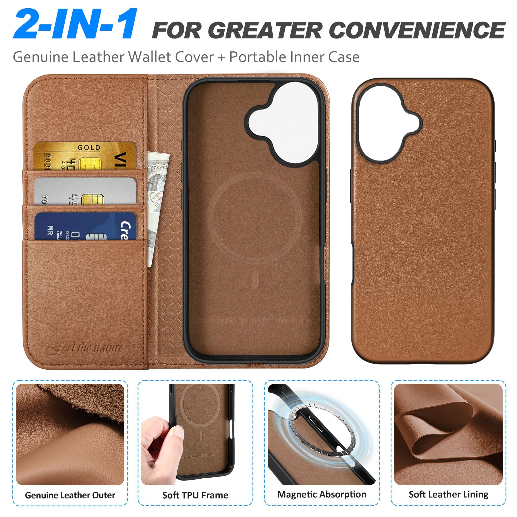 SHIELDON Genuine Leather 2-in-1 Wallet Case for iPhone 16 with Wireless Charging, Detachable Kickstand & RFID Blocking Card Holder - Magnetic Phone Cover for Everyday Protection (Saddle Brown) | Perfect for Work, Travel and Hands-Free Viewing