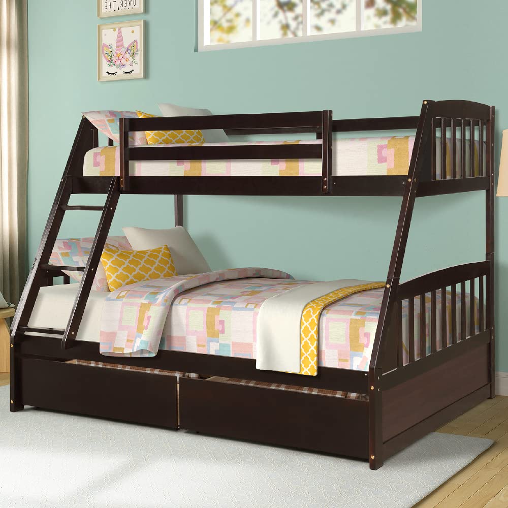 Solid Wood Twin Over Full Bunk Bed with Storage - Kids & Teens Bunk Bed for Small Spaces (Espresso)