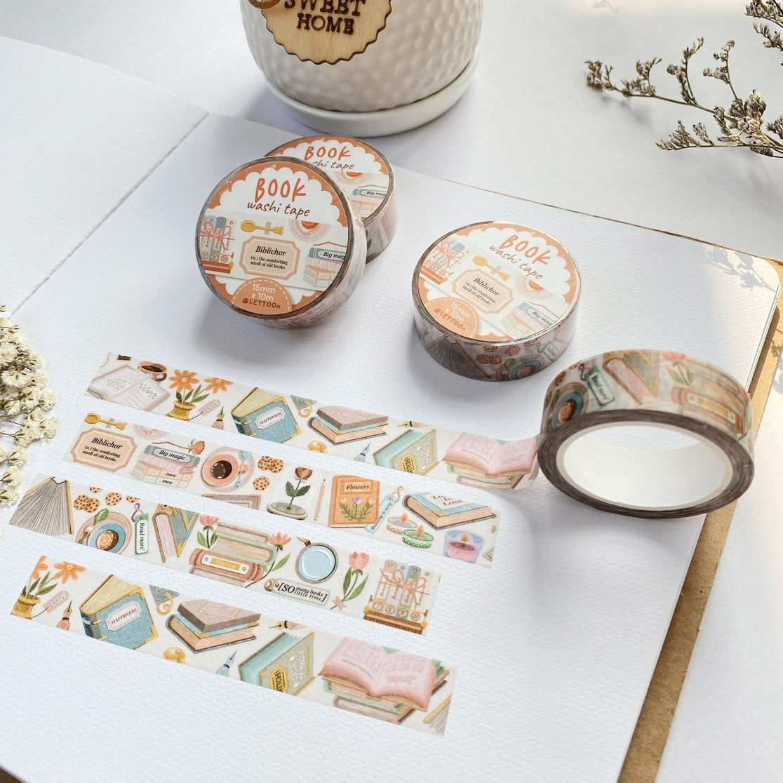 Book Washi Lettoon - Decorative Japanese Washi Tape for Scrapbooking, Journaling, and DIY Crafts | Perfect for Bullet Journals, Gift Wrapping, and Home Decor