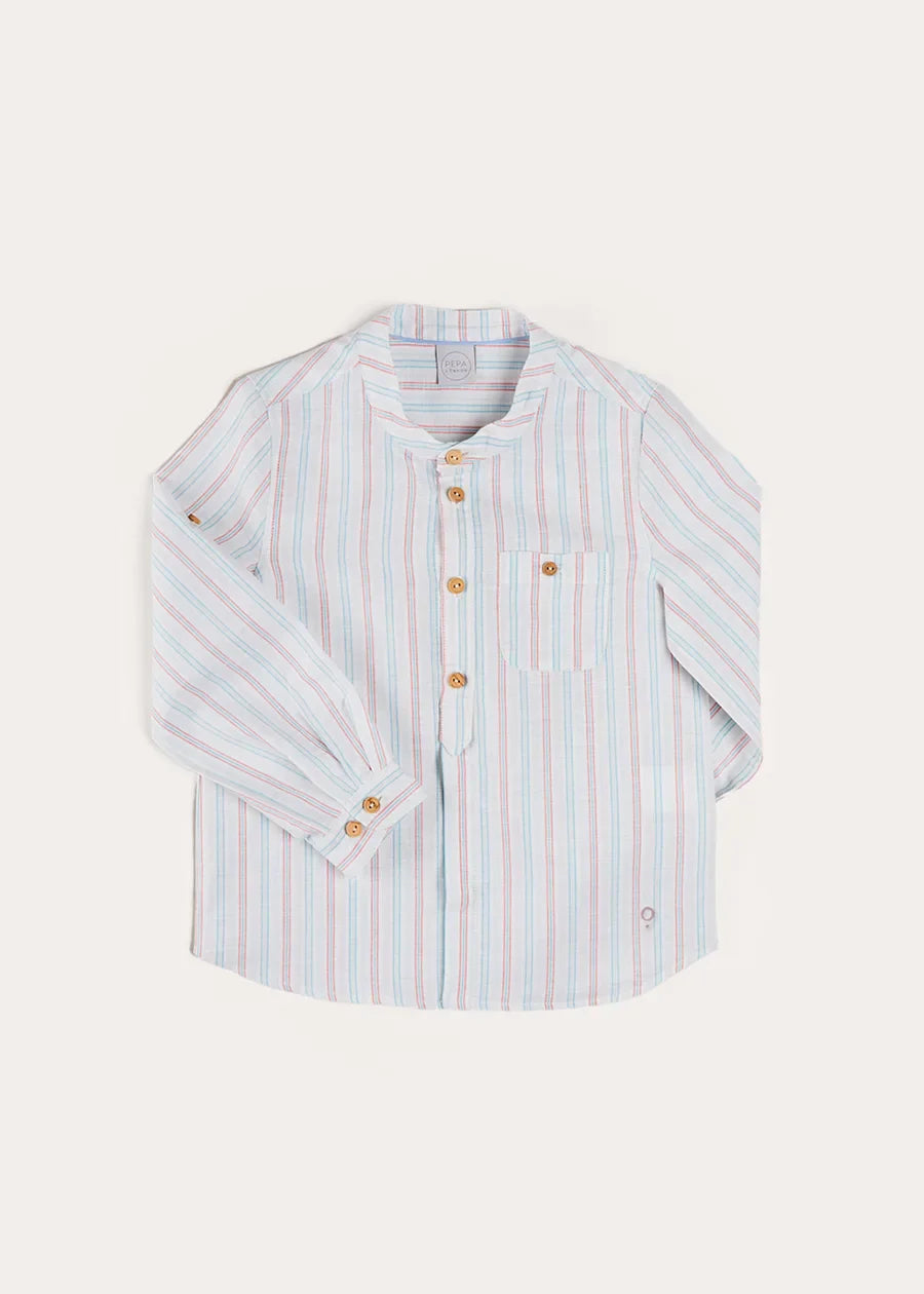 Red Striped Mao Collar Long Sleeve Shirt for Kids (3-10 Years) - Stylish Chinese-Inspired Top for School, Parties & Family Photos