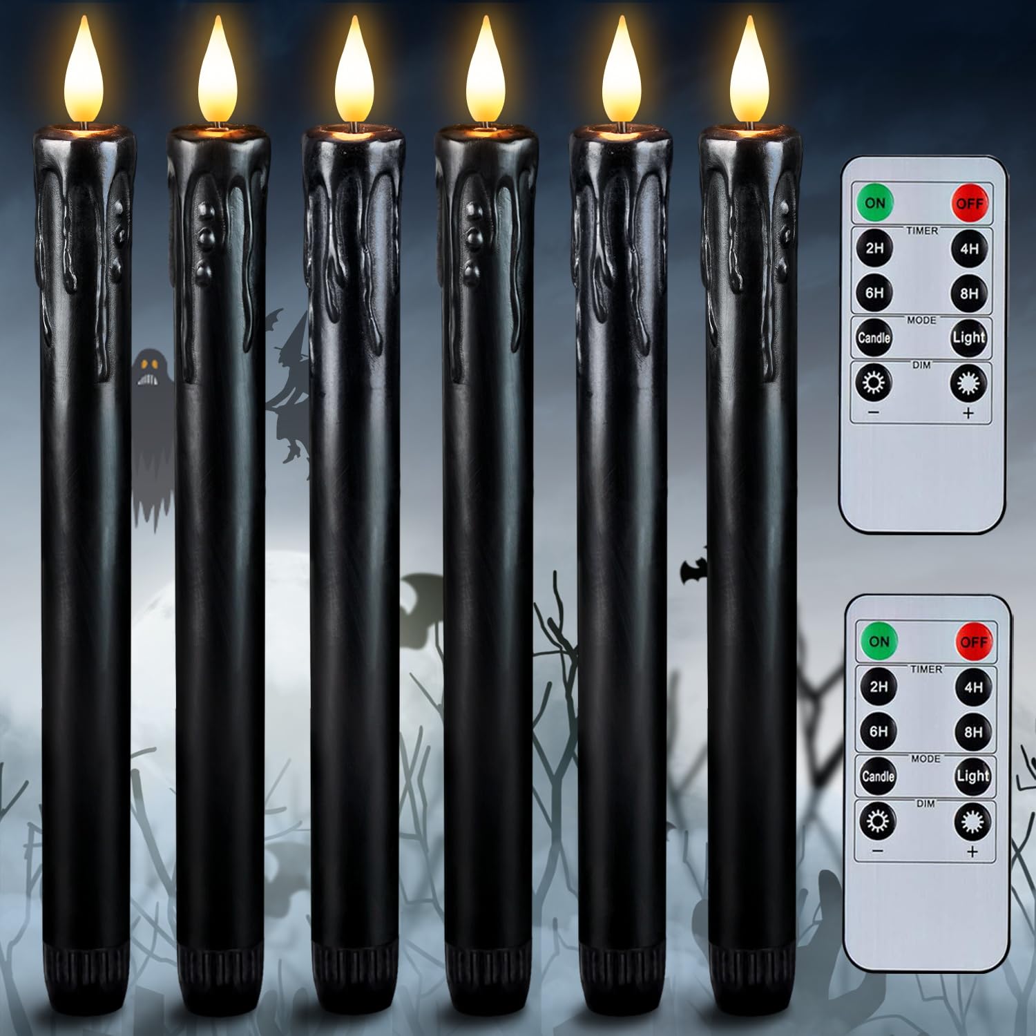 Homemory Black Flameless Taper Candles with Remote & Timer - Real Wax LED Battery Operated Candles (6 Pack, 9.6 Inches) - Flickering LED Candle Sticks for Halloween, Christmas, Wedding, Dinner Party & Home Decor