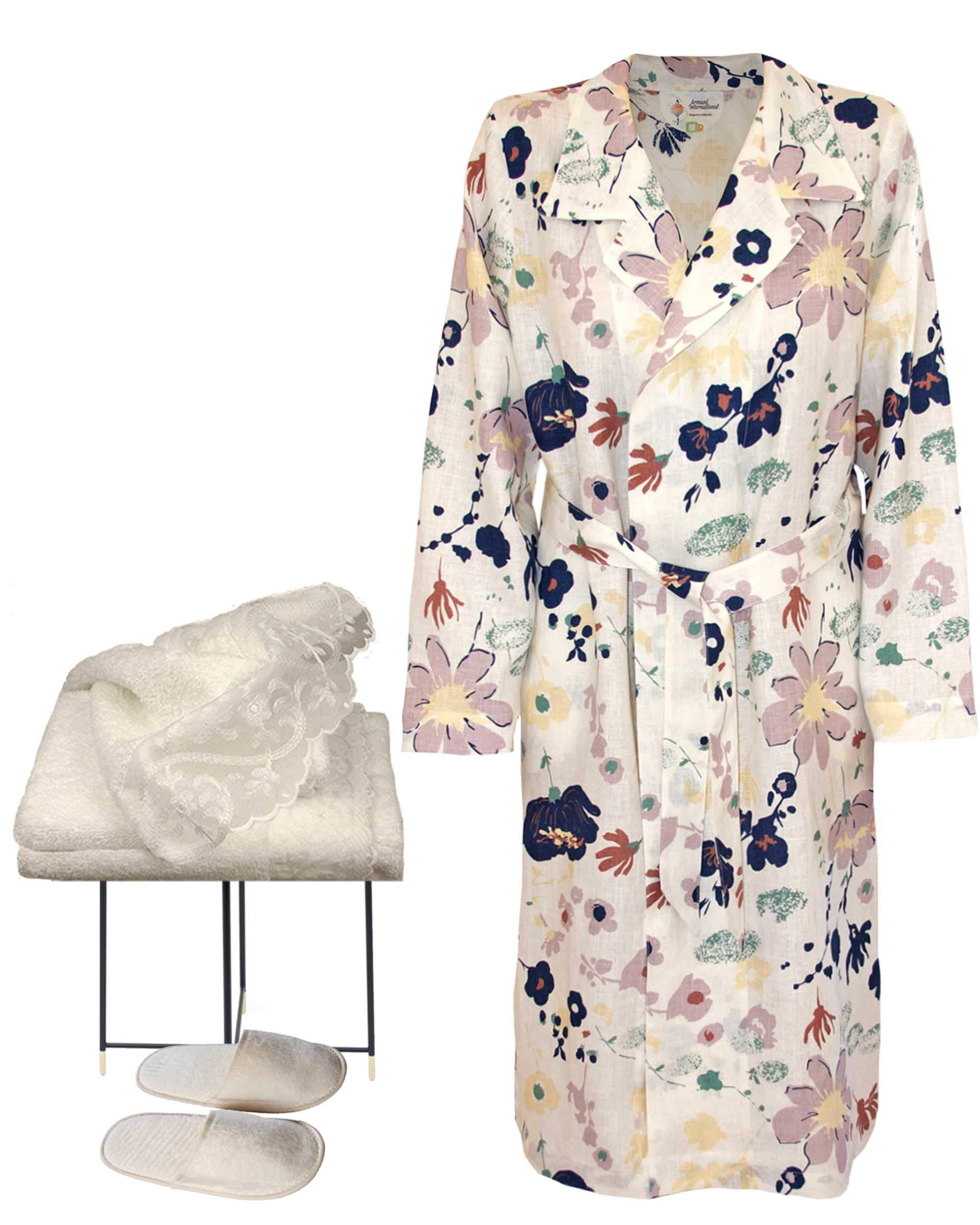 Armani International Women's Lounge Night Robe with Hand Towel & Slippers Set - European Crafted Luxury Loungewear for Spa Nights & Relaxation at Home