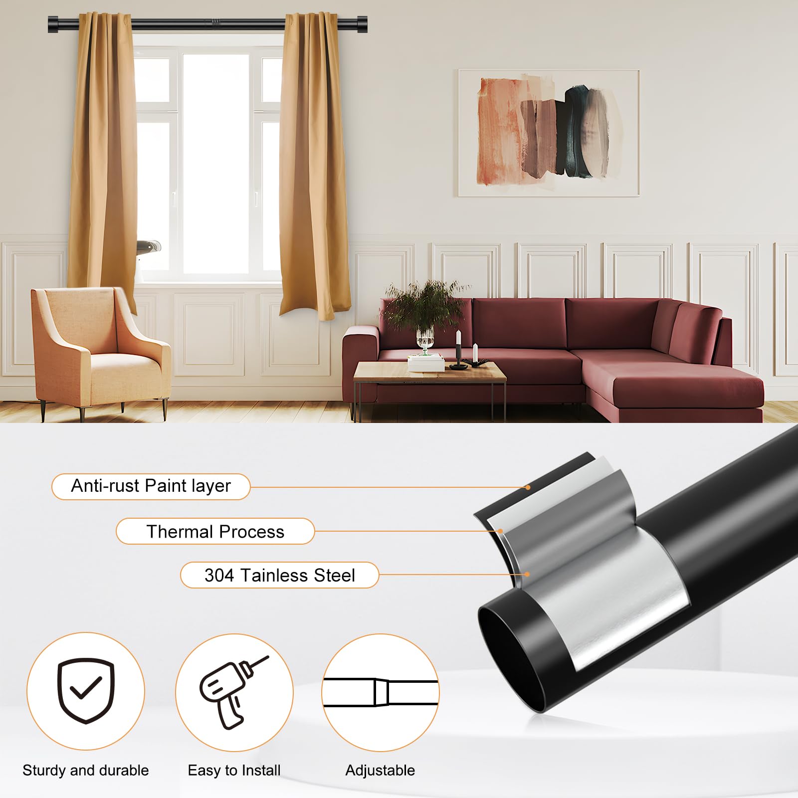 OLV 66-120 Inch Black Curtain Rod - Heavy Duty Adjustable Drapery Rod for Windows