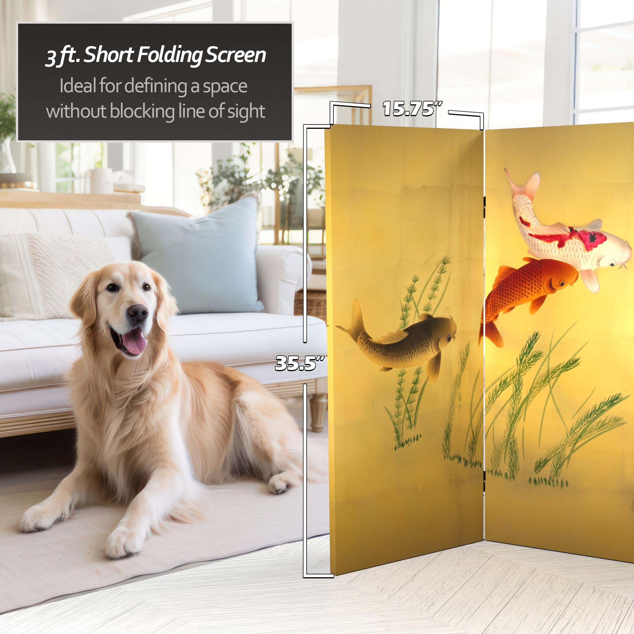 3 ft Red Lantern Short Double-Sided Seven Lucky Fish Canvas Room Divider - Asian Home Decor for Living Room, Bedroom & Office Partition