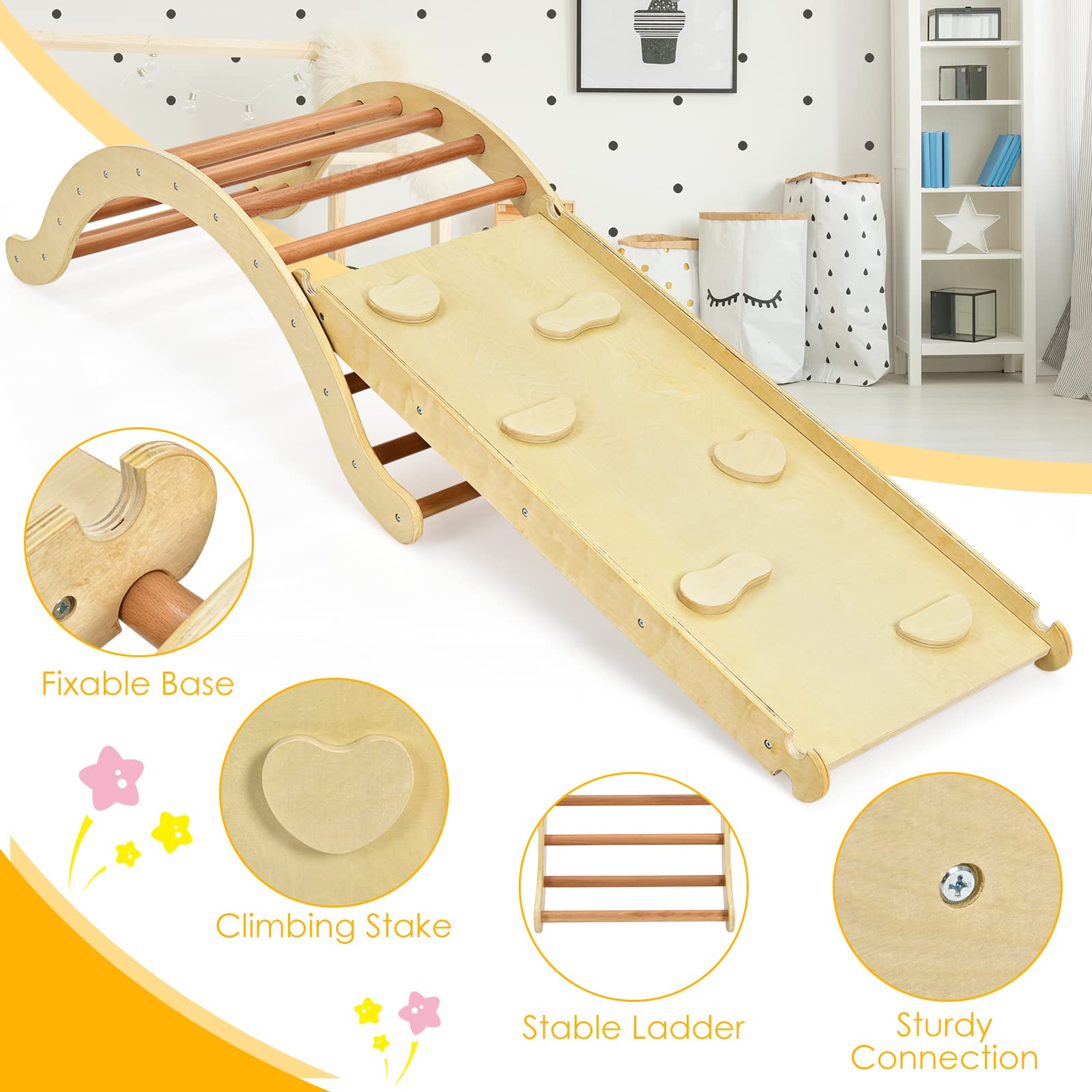 Costzon 3-in-1 Montessori Wooden Climber Set for Toddlers - Indoor Play Gym with Arch Climber, Rock Ramp & Padding - Kids Learning Toys for Home Playroom & Backyard - Perfect Birthday Gift for 1-3 Year Olds