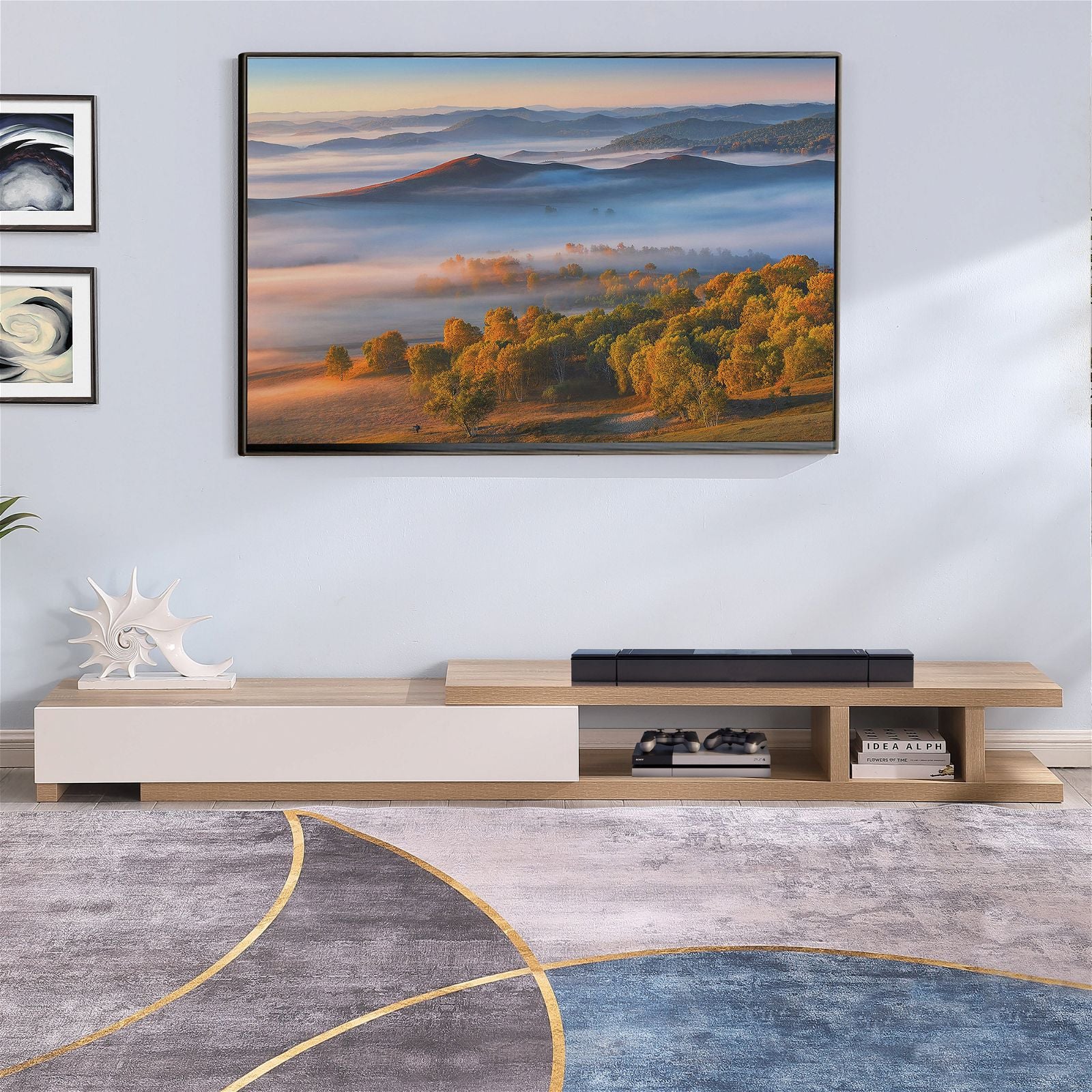Criterion Extendable TV Stand 279cm - Solid Oak Entertainment Center for Living Room, Home Theater & Media Storage | Modern TV Cabinet with Adjustable Shelves