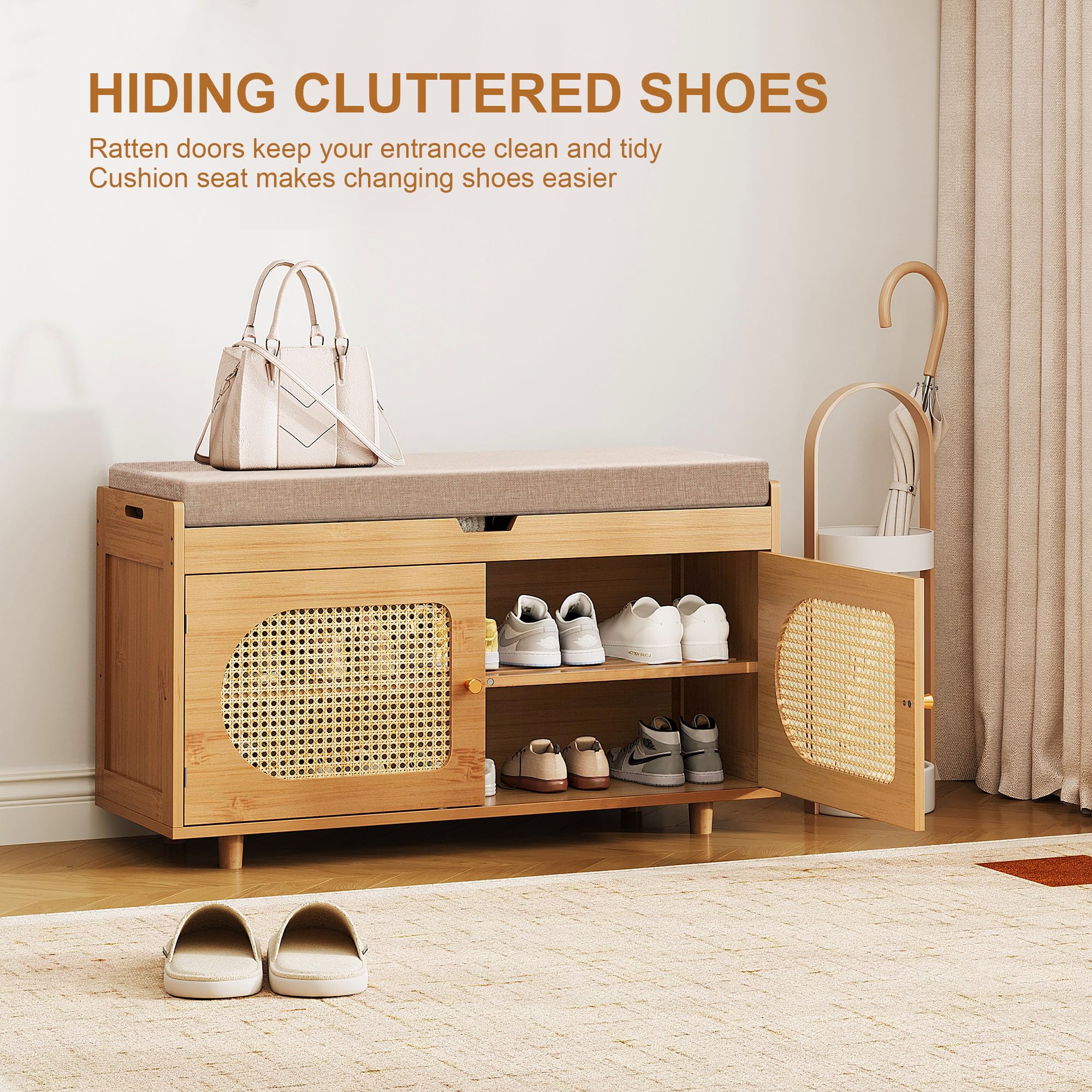Rattan Shoe Storage Bench - Entryway Organizer with Bamboo Shoe Cabinet, Brown | Space-Saving Shoe Rack for Hallway, Bedroom & Mudroom Organization