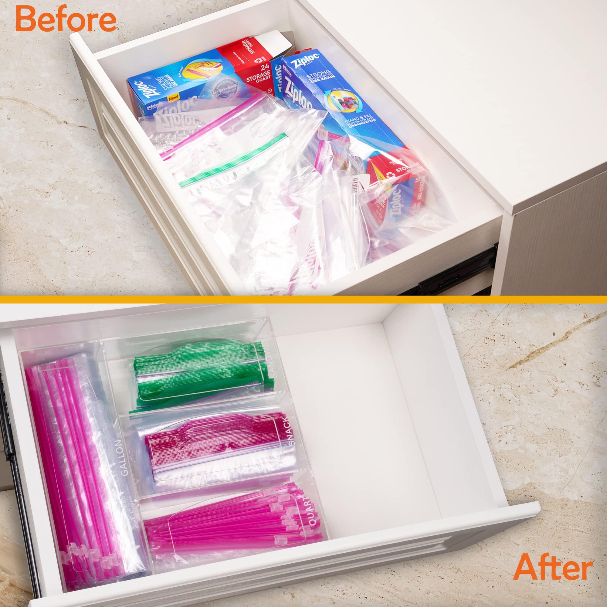 Clear Acrylic Bag Storage Organizer for Kitchen Drawer - Food Storage Bag Holder Compatible with Ziplock, Glad, Hefty, Gallon, Quart, Sandwich & Snack Bags - Perfect for Pantry, Fridge & Countertop Organization