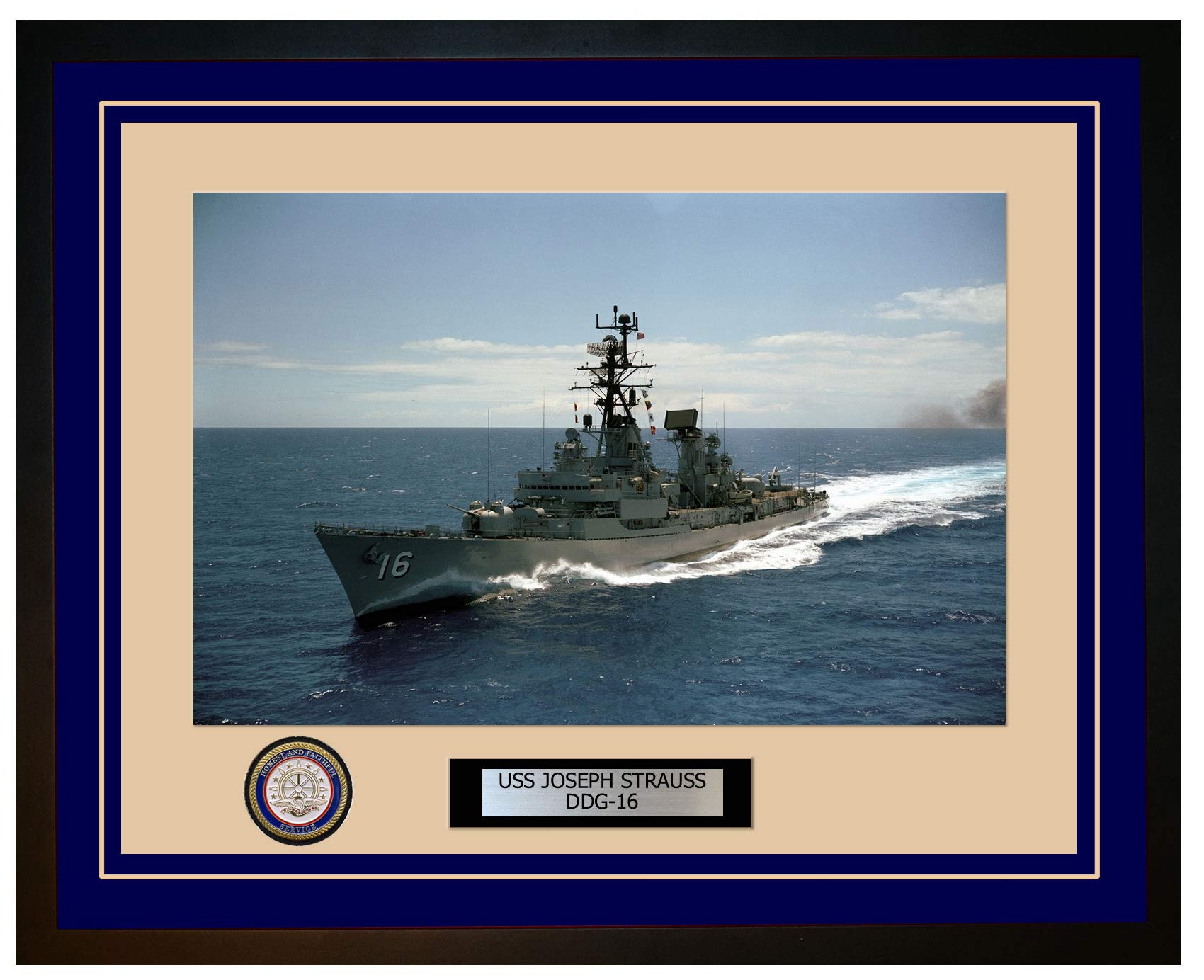 USS Joseph Strauss DDG-16 Navy Ship Framed Photo - Premium Quality Blueprint Style Wall Art for Military History Enthusiasts & Home Office Decor