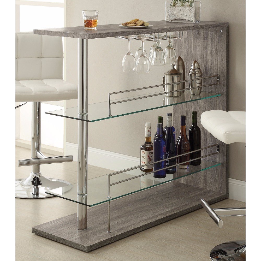 Benjara Modern Rectangular Bar Table with 2 Storage Shelves & Wine Rack - Space-Saving Kitchen Island or Breakfast Nook Furniture for Small Spaces, Gray
