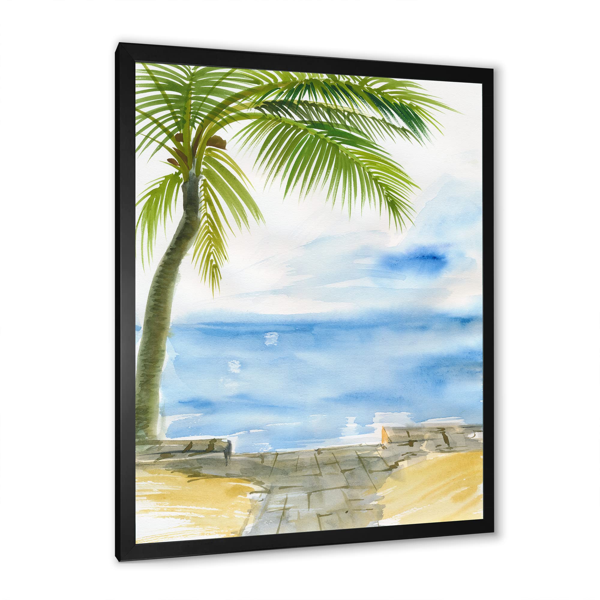 DesignQ Palm Beach Resort At Dawn II Nautical & Coastal Framed Wall Art - Beach House Decor, Ocean Themed Painting for Living Room, Bedroom & Office