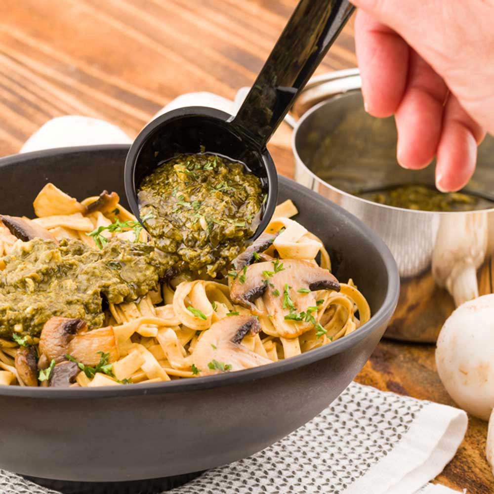 1 oz Black Plastic Sauce Ladle - 8.5 Inch Disposable Serving Spoon - 1 Count Box - Perfect for Restaurants, Catering & BBQ Parties