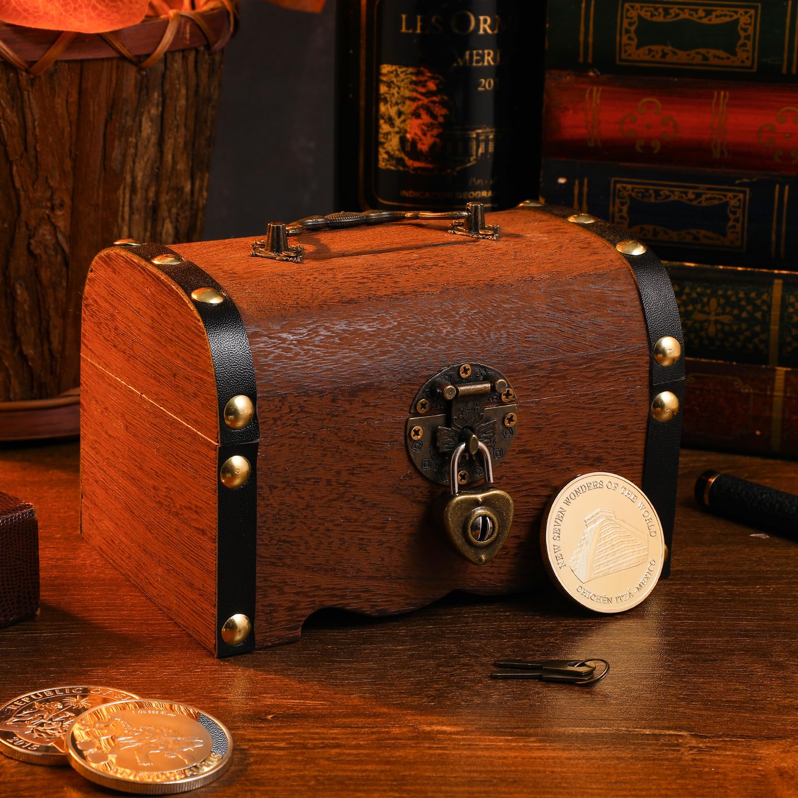 FAVOMOTO Wooden Pirate Treasure Chest Box - Antique Retro Piggy Bank with Love Lock & Keys, Handmade Jewelry Storage Box for Money, Coins & Valuables | Perfect for Home Decor, Gift Giving & Themed Parties