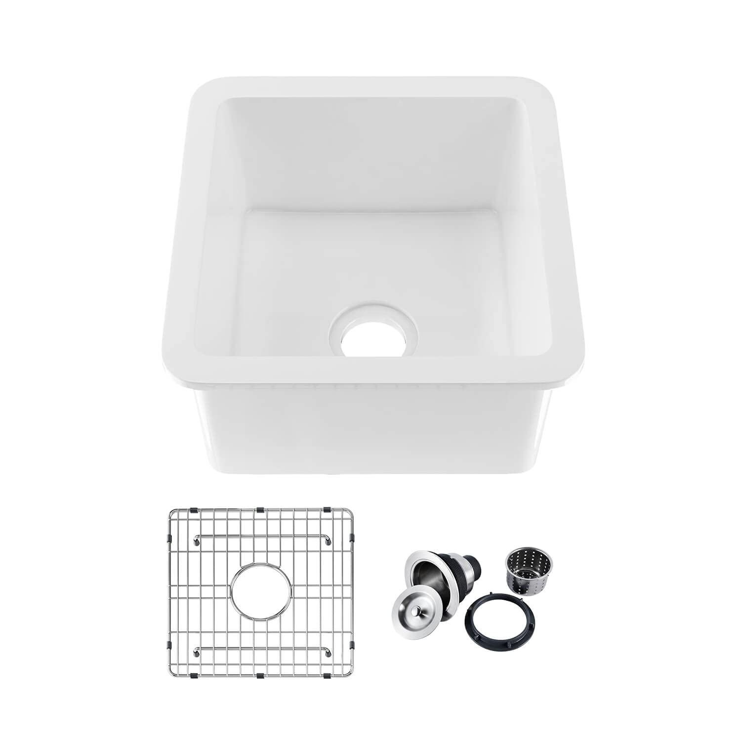 KIBI K2-S18SQ 18-Inch Undermount Fireclay Kitchen Sink - Single Bowl, Heat & Stain Resistant, Stainless Steel Bottom Grid & Basket Strainer, Garbage Disposal Ready - White (Perfect for Modern Farmhouse & Rustic Kitchen Designs)