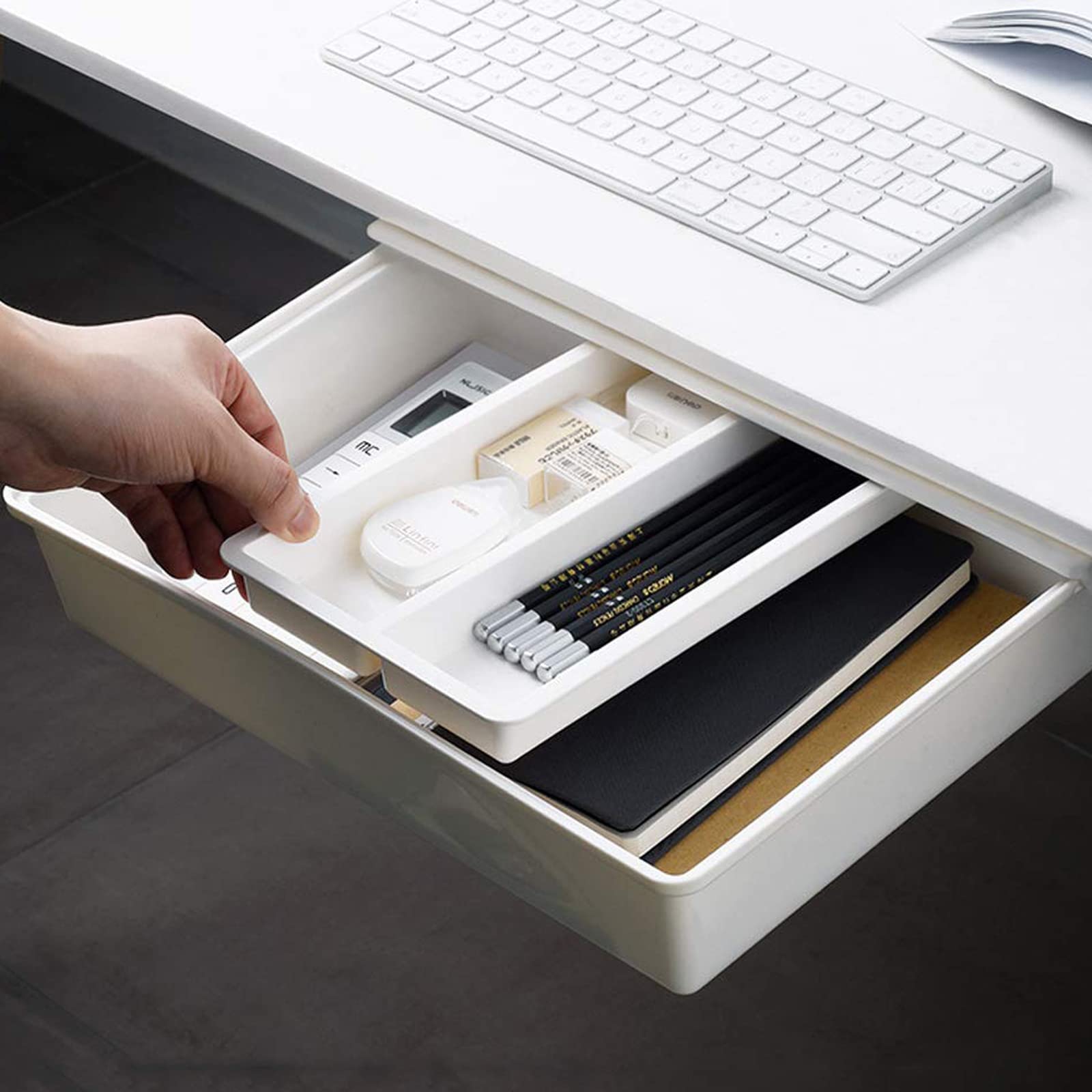 Honlibey Under Desk Drawer - Self-Adhesive Hidden Storage Tray for Office, School & Home - Large Size Organizer for Pens, Utensils & Supplies - Perfect for Workspace, Study Desk & Kitchen Counter Organization