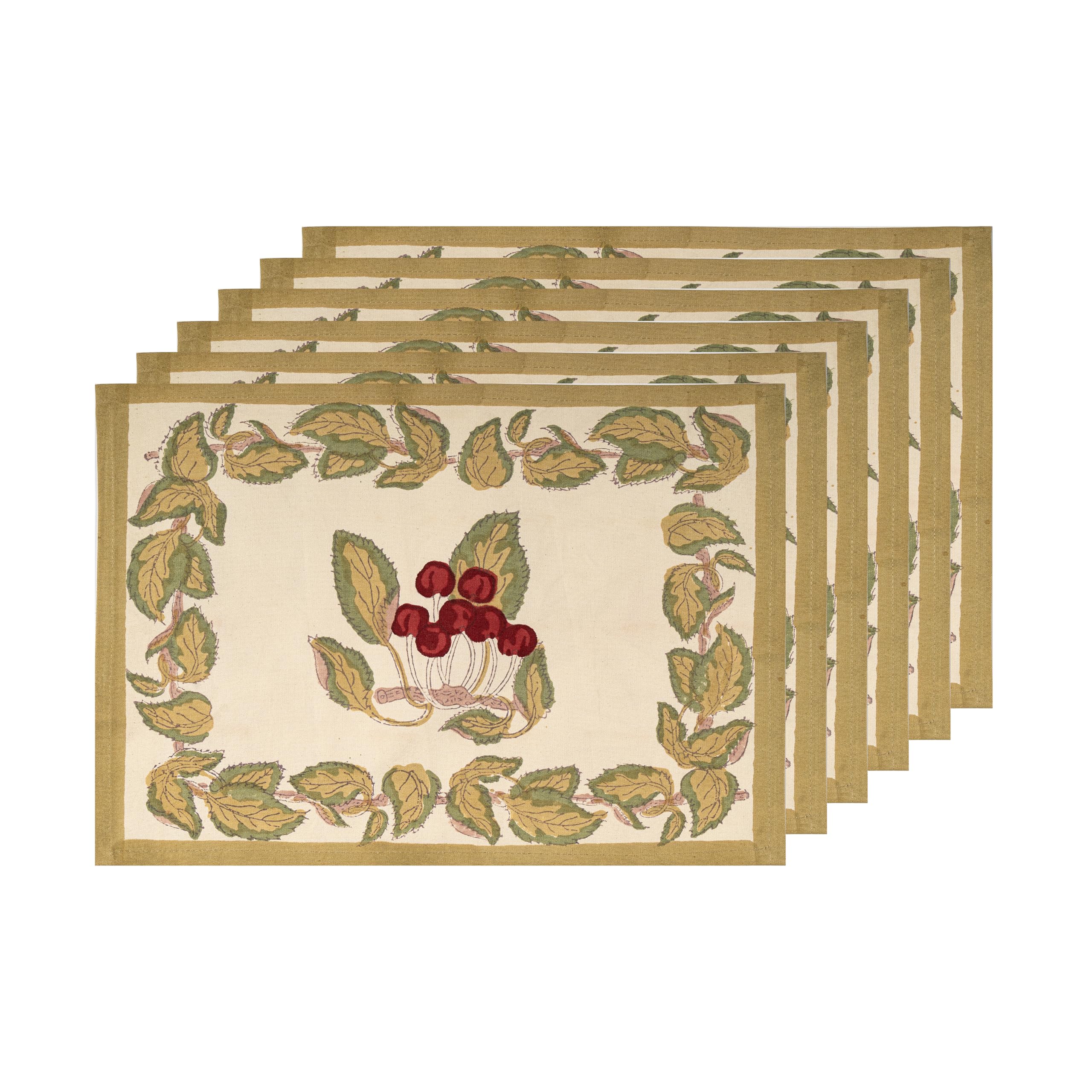 Premium Cherry & Red Green Placemats Set of 6 - 15x18 Inch Waterproof Table Mats for Dining, Kitchen, Party & Holiday Decor - Eco-Friendly Couleur Nature Placemats