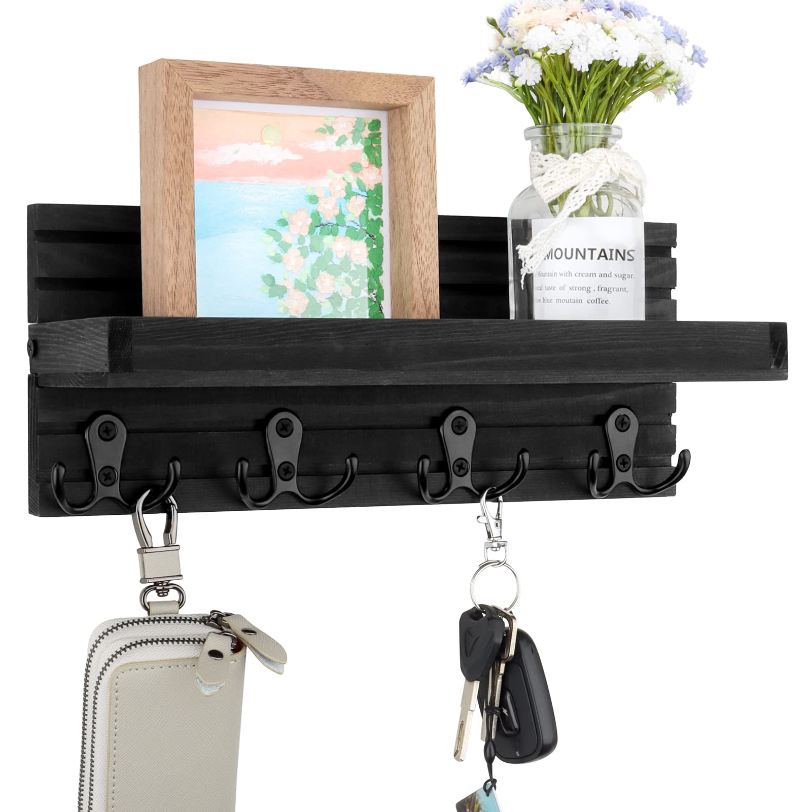 Rustic Wood Wall Key Holder with 4 Double Hooks - Mail Organizer & Entryway Wall Organizer for Keys, Letters - Perfect for Hallway, Foyer & Home Entry Decor (Black)