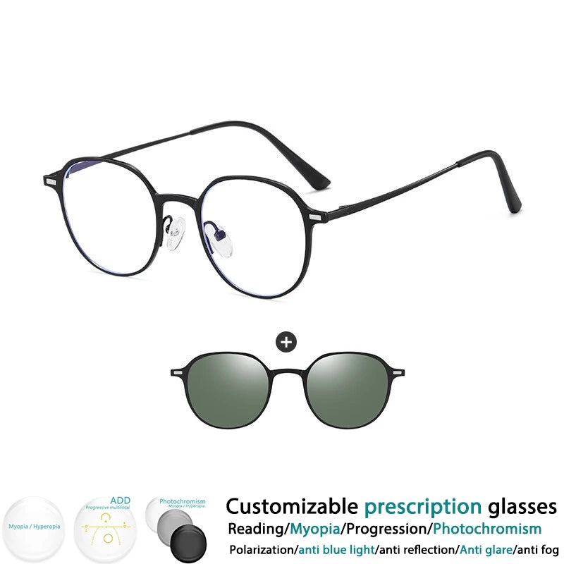 CCspace Women's Full Rim Round Alloy Eyeglasses with Clip-On Sunglasses - Stylish Prescription Glasses & UV Protection Shades for Work, Driving, and Outdoor Activities (Model 302078)