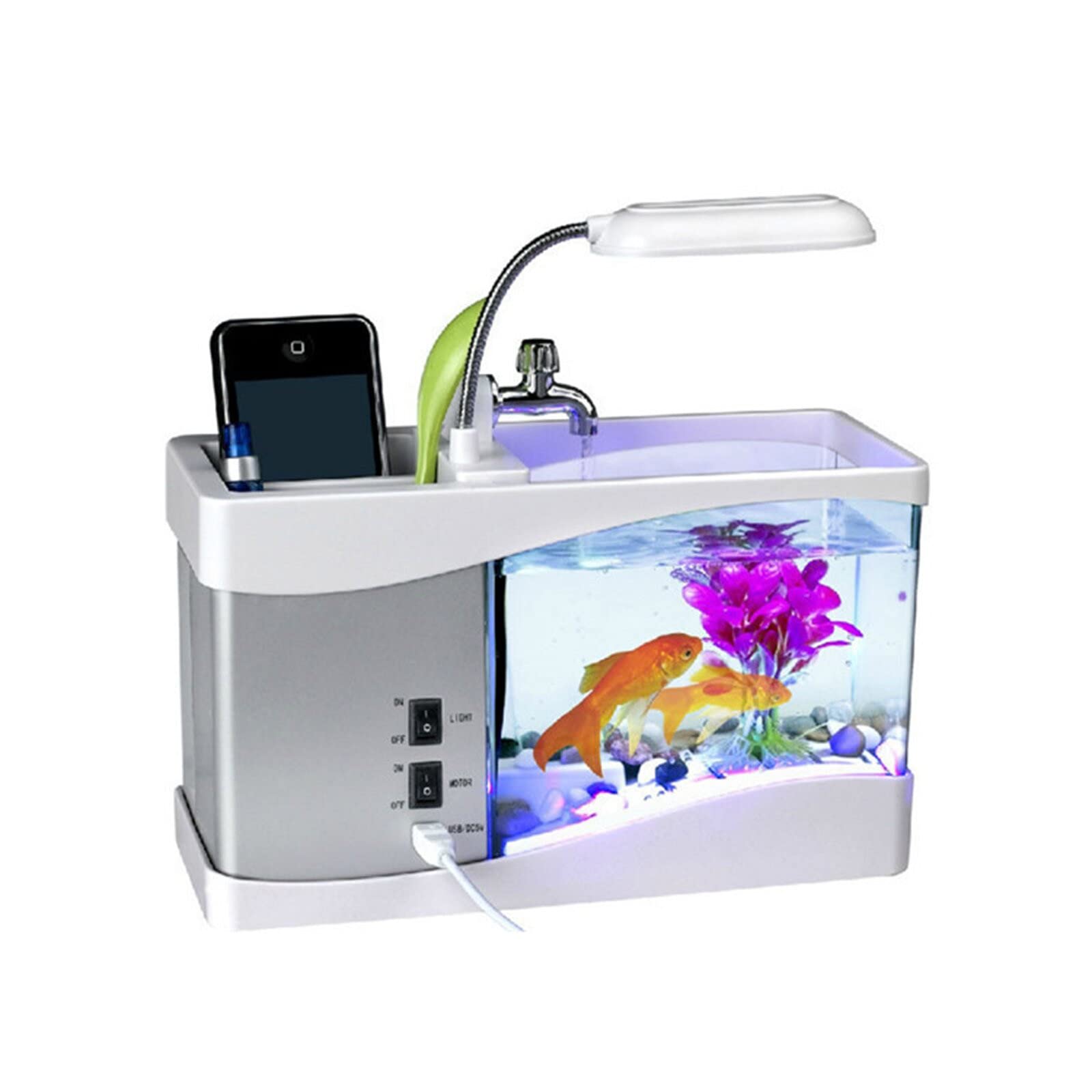 Multi-Functional LED Small Table Lamp with Fish Tank, Perpetual Calendar, Pen Holder & Alarm Clock - Perfect for Home Office, Bedroom Decor and Gift Ideas