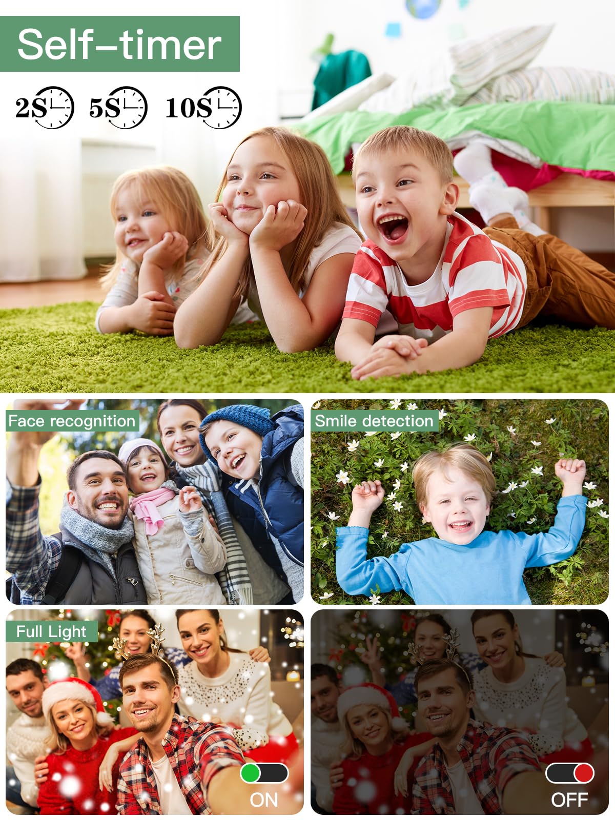 56MP FHD 1080P Kids Digital Camera with 16x Zoom & Anti-Shake - 32GB TF Card, 2 Batteries, Lanyard Included - Compact Portable Camera for Boys & Girls (Green) - Perfect for Travel, Birthday Gifts & First Photography Lessons