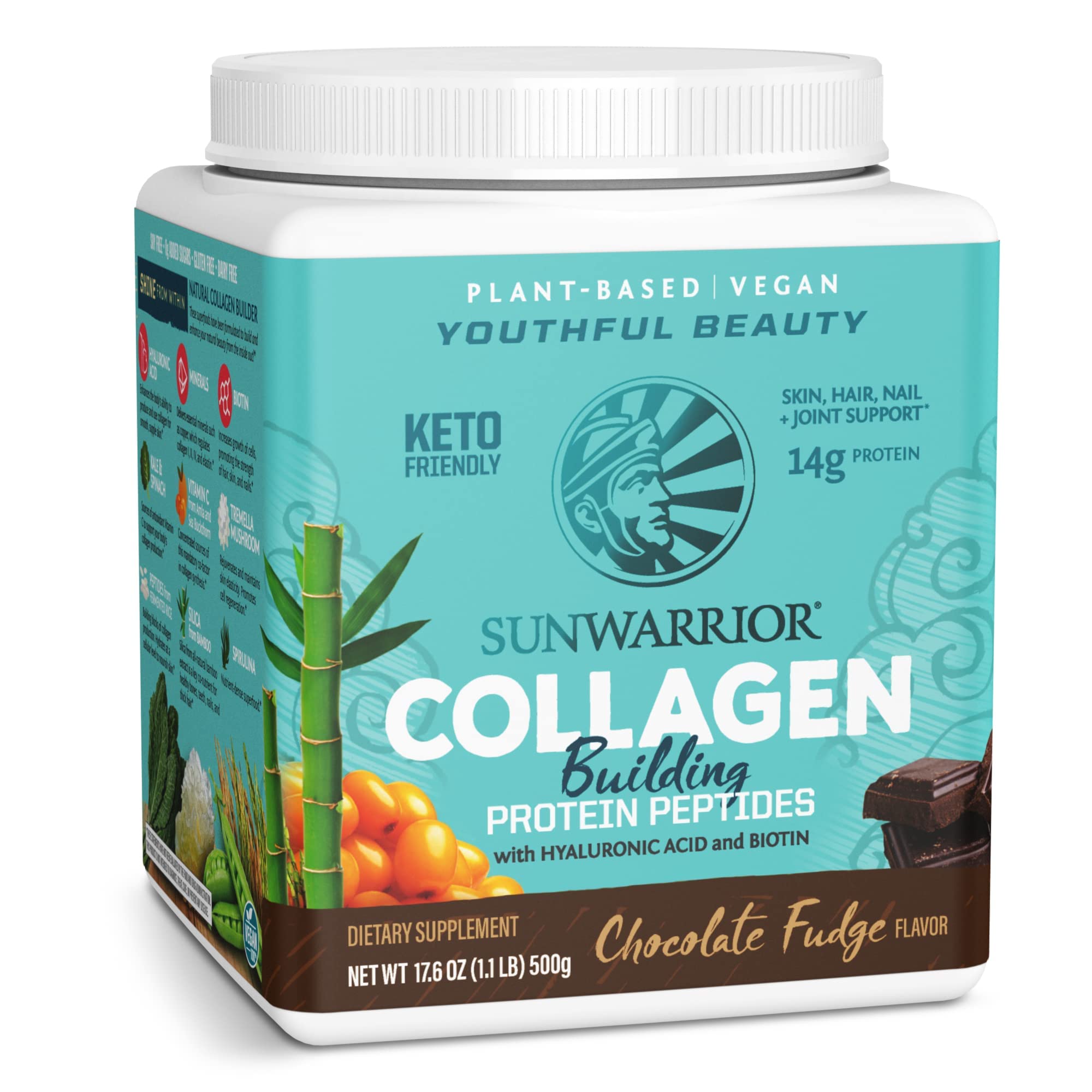Sunwarrior Vegan Collagen Peptides Powder with Biotin & Hyaluronic Acid - Keto, Non-GMO, Gluten-Free Protein Supplement for Skin, Hair & Nail Support | Chocolate Flavor | Perfect for Smoothies, Coffee & Baking Recipes