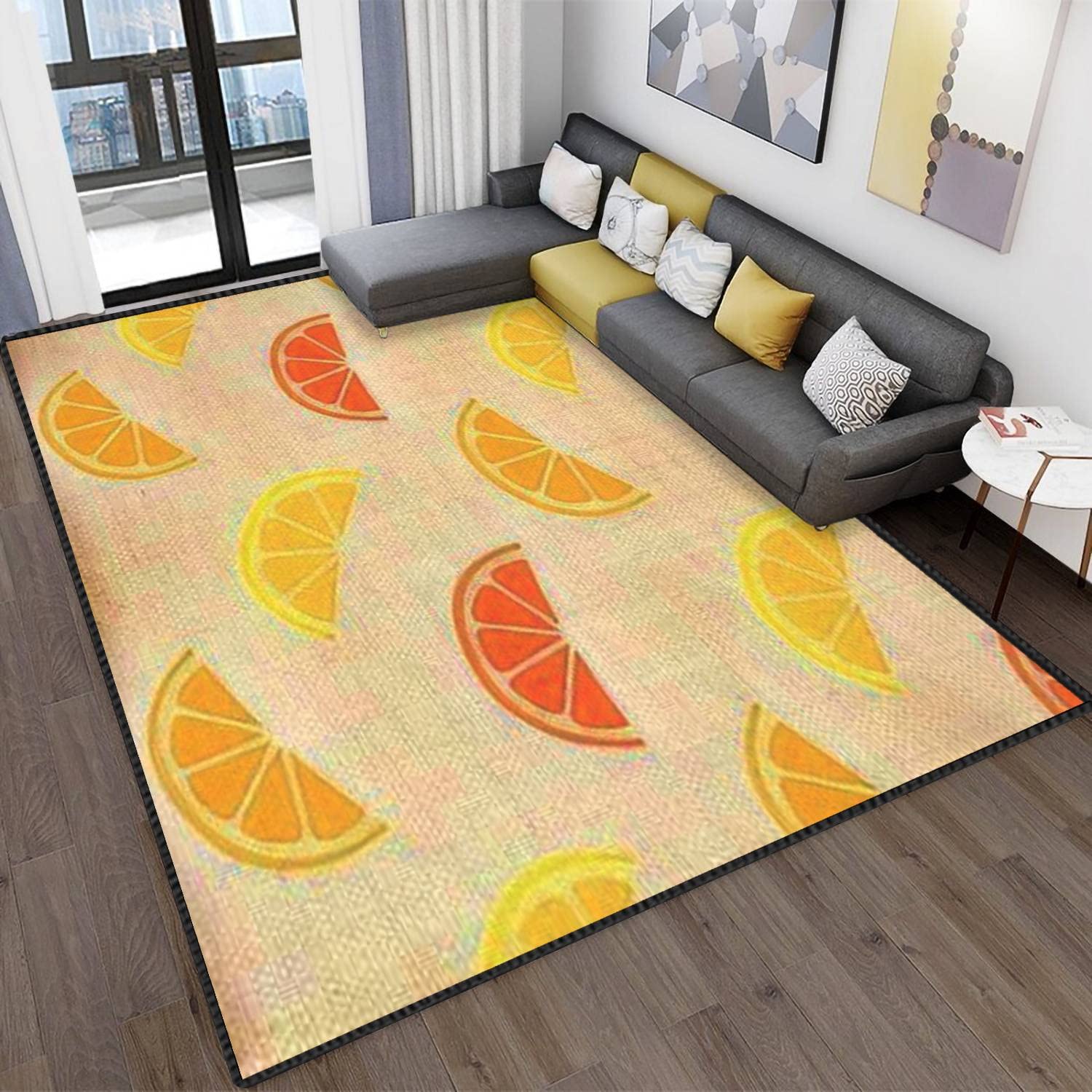 MJKIODPEV Citrus Slices Area Rug - Seamless Orange Lemon Grapefruit Pattern Modern Abstract Non-Slip Soft Floor Carpet for Living Room, Bedroom, Kids Room - Perfect for Home Decor, Indoor/Outdoor Use in Kitchen, Dorm, Office Spaces