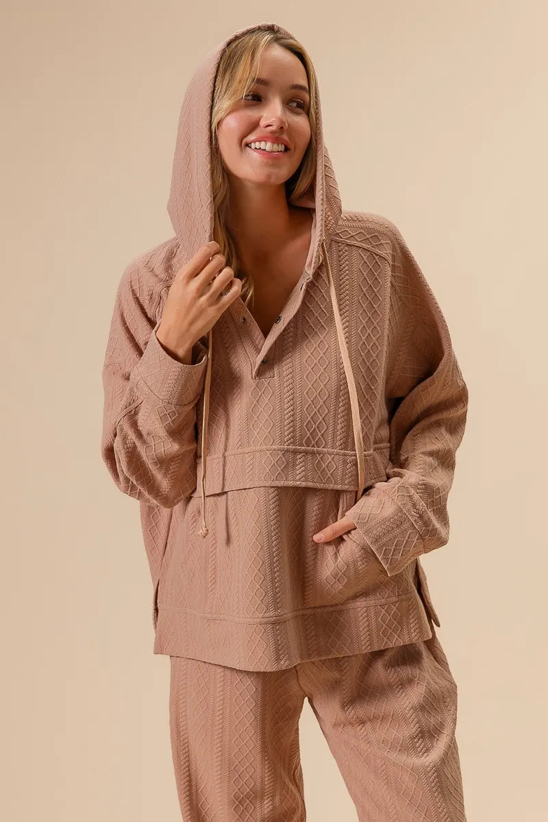 BiBi Textured Knit Buttoned Hoodie Top for Women - Cozy Casual Pullover Sweater with Front Buttons | Perfect for Fall Layering, Weekend Outfits & Coffee Dates