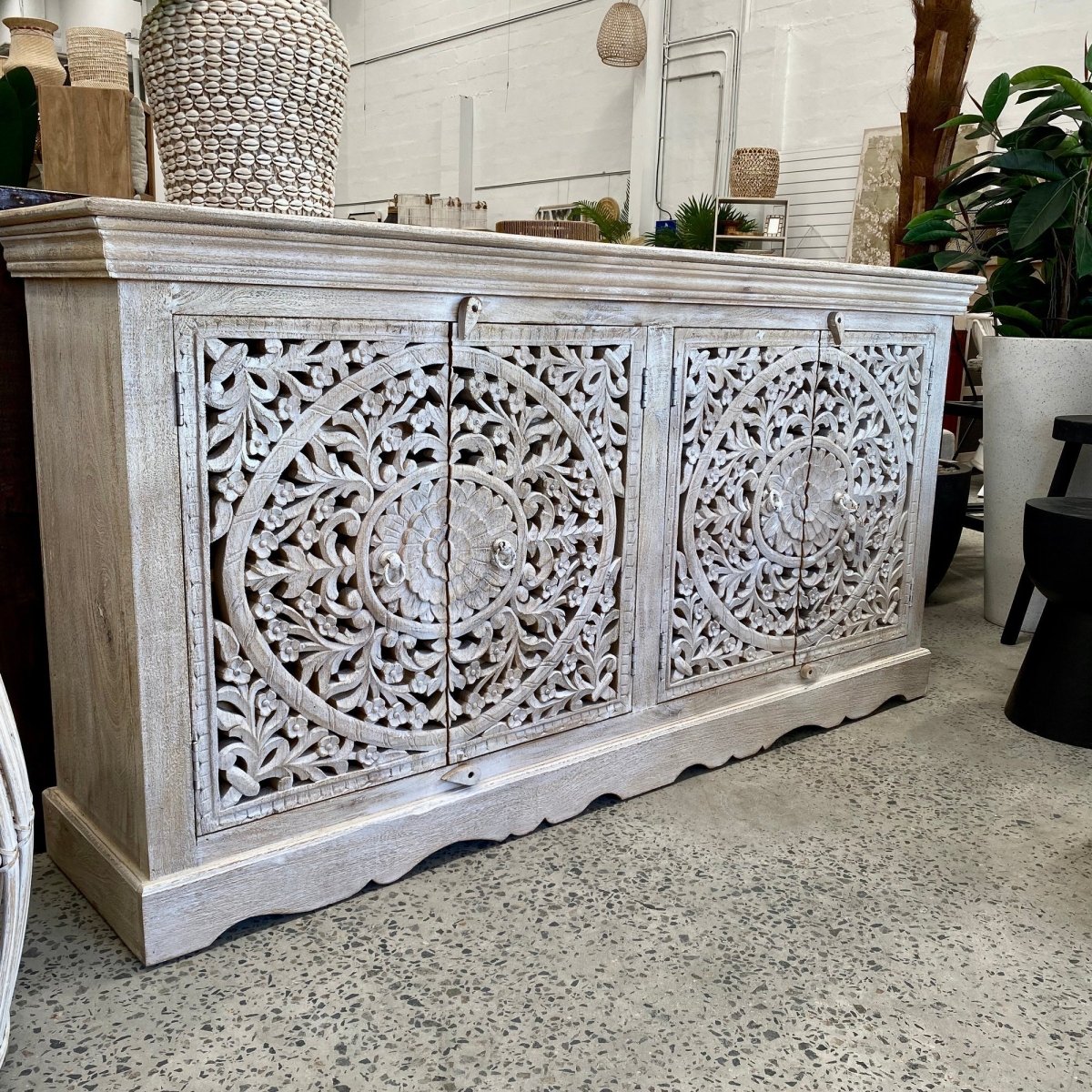 Hand Carved Wooden Four Door Sideboard - Handmade Indian Design Buffet Table for Dining Room, Living Room & Entryway Storage | Solid Wood Cabinet with Traditional Carvings