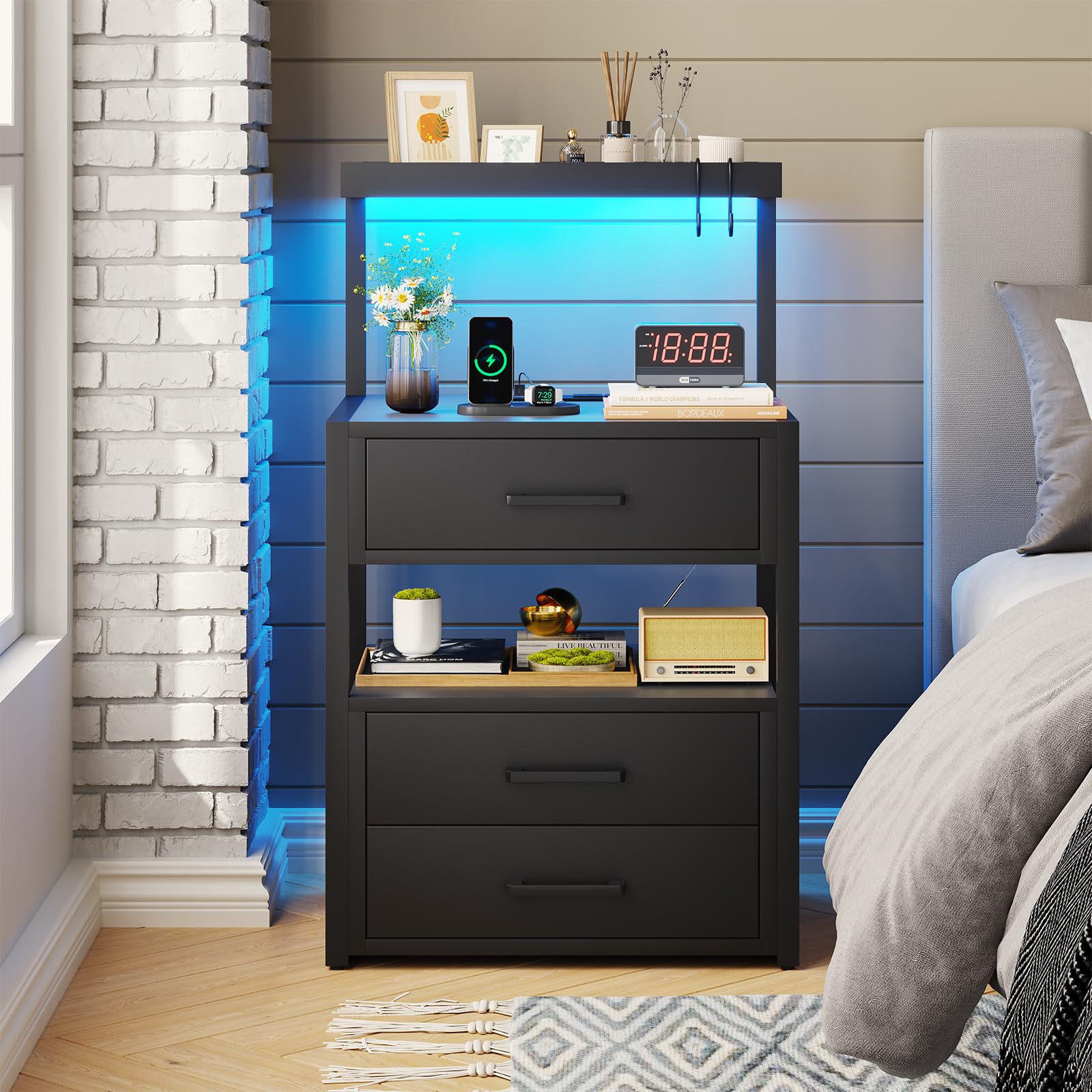 Modern LED Nightstand with USB & AC Charging - 3 Drawers & Open Storage for Bedroom