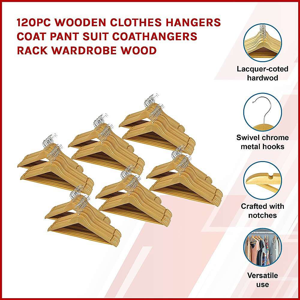 120-Piece Wooden Clothes Hangers Set for Coats, Pants & Suits - Natural Wooden Hangers with Non-Slip Design - Perfect for Closet Organization, Wardrobe Storage and Retail Display
