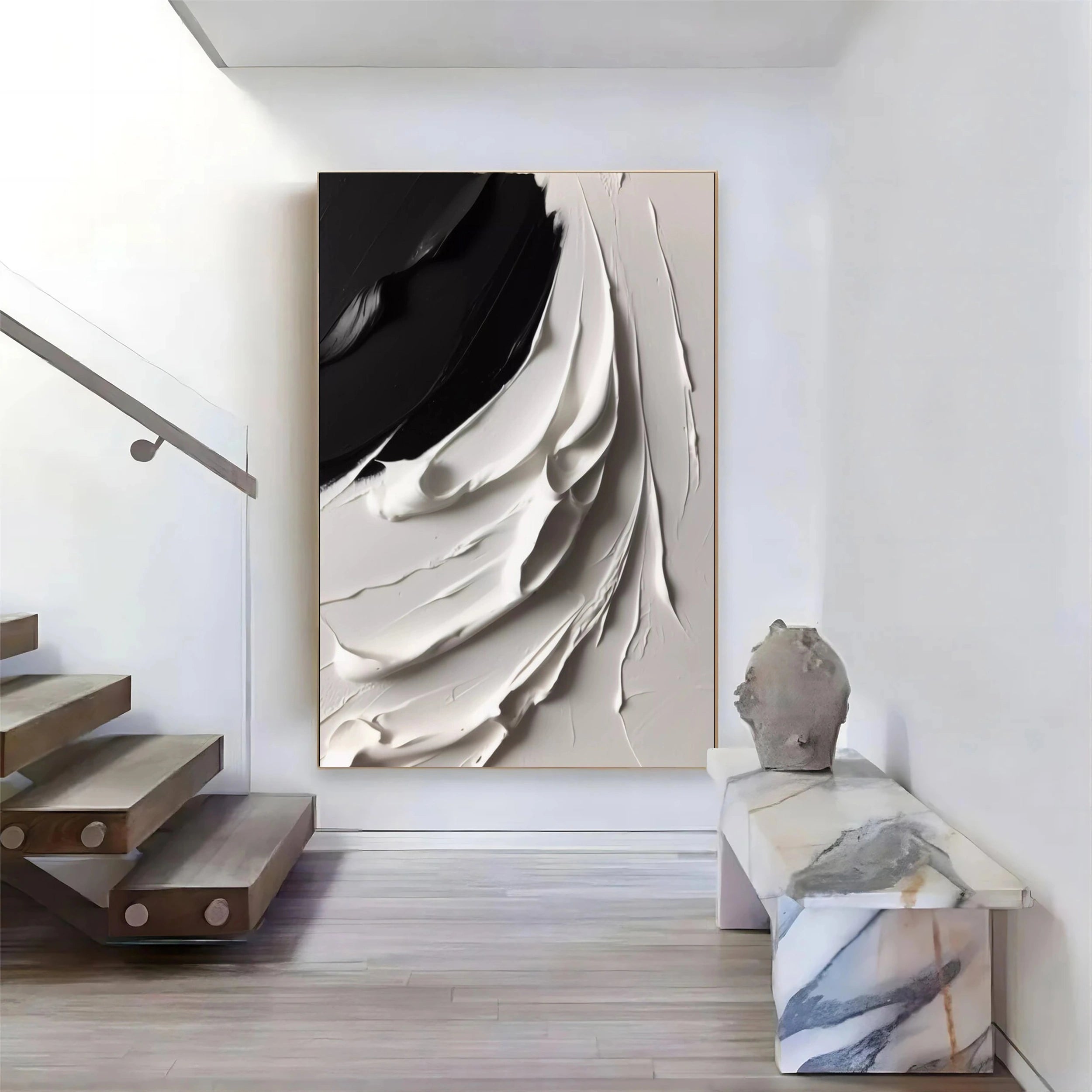 White & Black Minimalist Textured Canvas Wall Art Painting - Modern Abstract Home Decor for Living Room, Bedroom & Office | #MM141