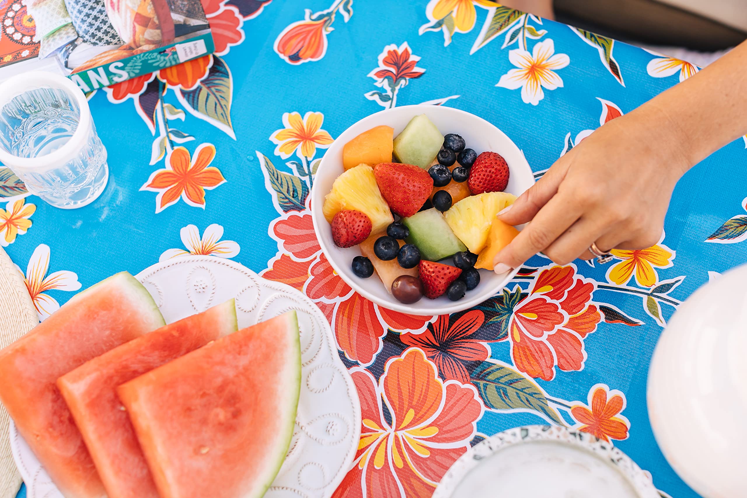 Premium Hibiscus Flowers Oilcloth Tablecloth - Waterproof & Washable Plastic Vinyl Table Cover (55x55in Square) in Blue & Red - Perfect for Patio, Picnic, Kitchen, and Outdoor Dining Decor