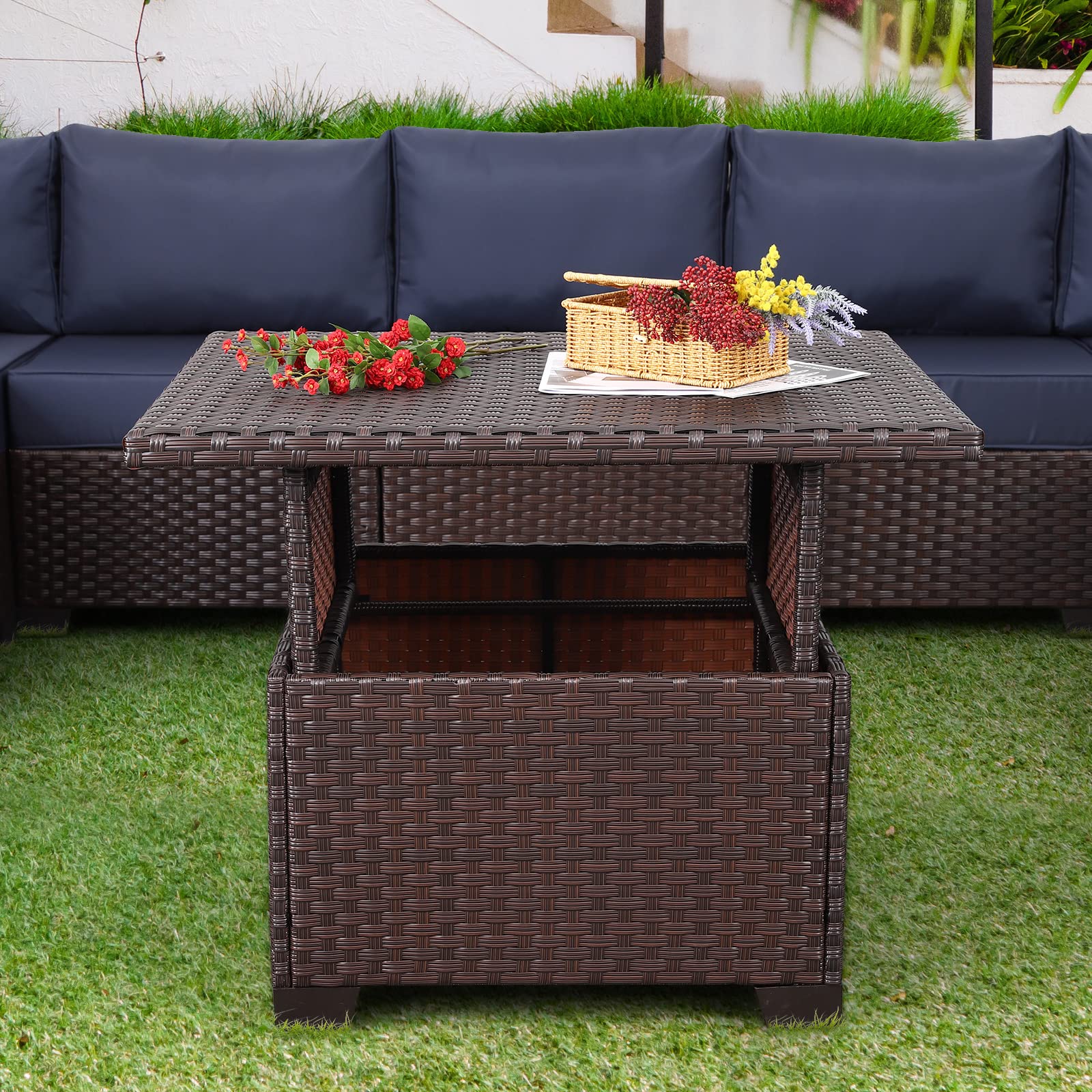 Brown Rattan Coffee Table with Hidden Storage - Lift-Top Wicker Patio Table for Outdoor Dining & Living Room Decor - Perfect for Gardens, Balconies, and Poolside Relaxation