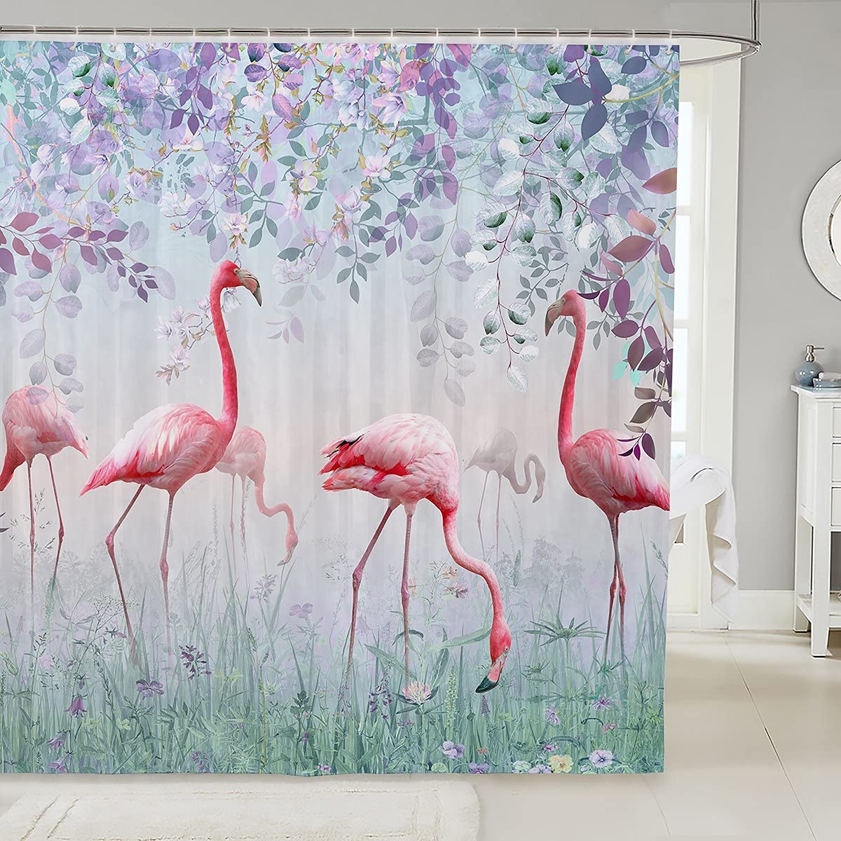 Pink Flamingo Shower Curtain with Tropical Leaves - Waterproof Polyester Bathroom Decor for Kids & Adults, 72x72 Inches - Perfect for Bathroom Stalls, Bathtubs, and Beach-Themed Decor