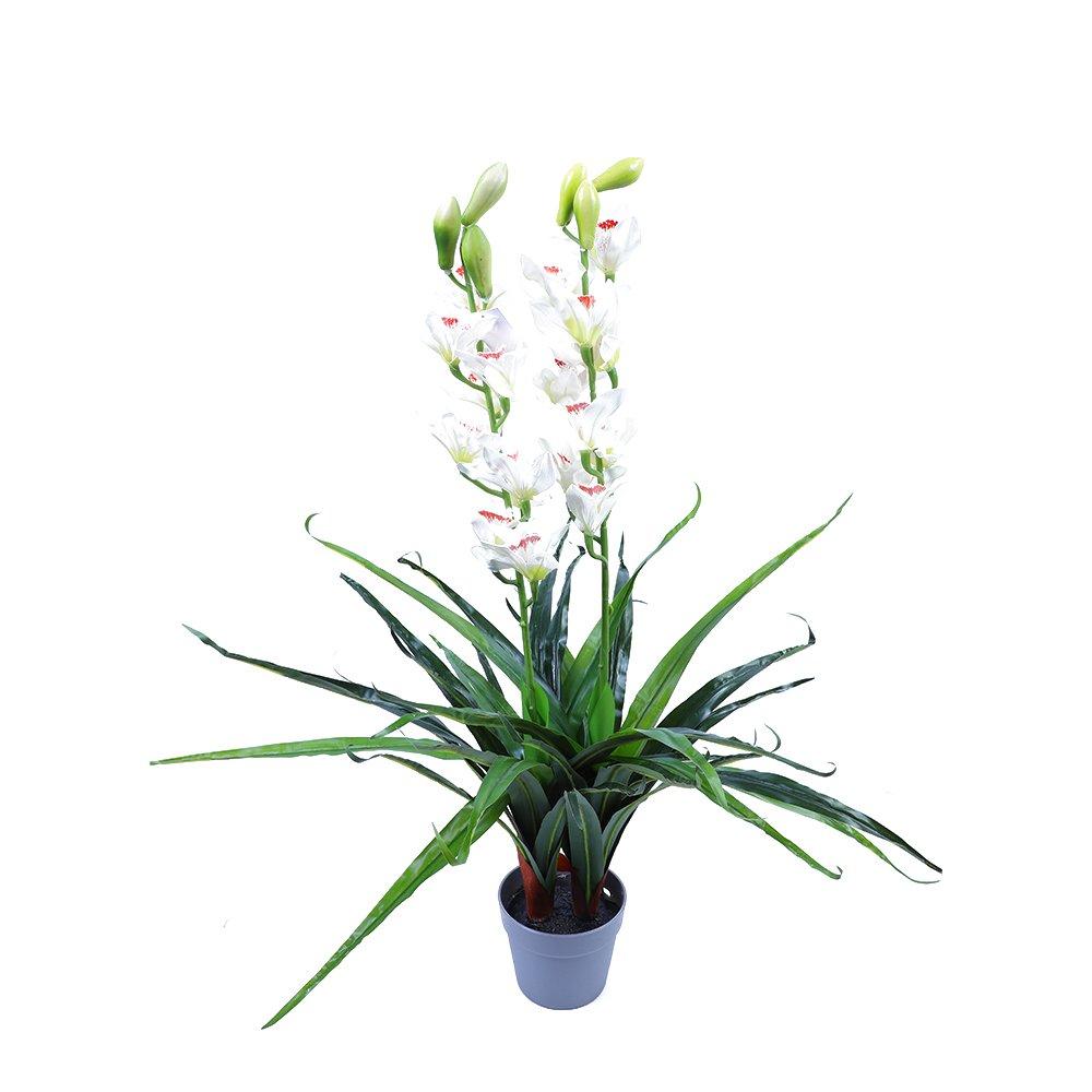 100cm Faux Artificial Silk Cymbidium Orchid Plant - Red & White Home Decor Potted Flower for Living Room, Office, Wedding Centerpiece Decorations
