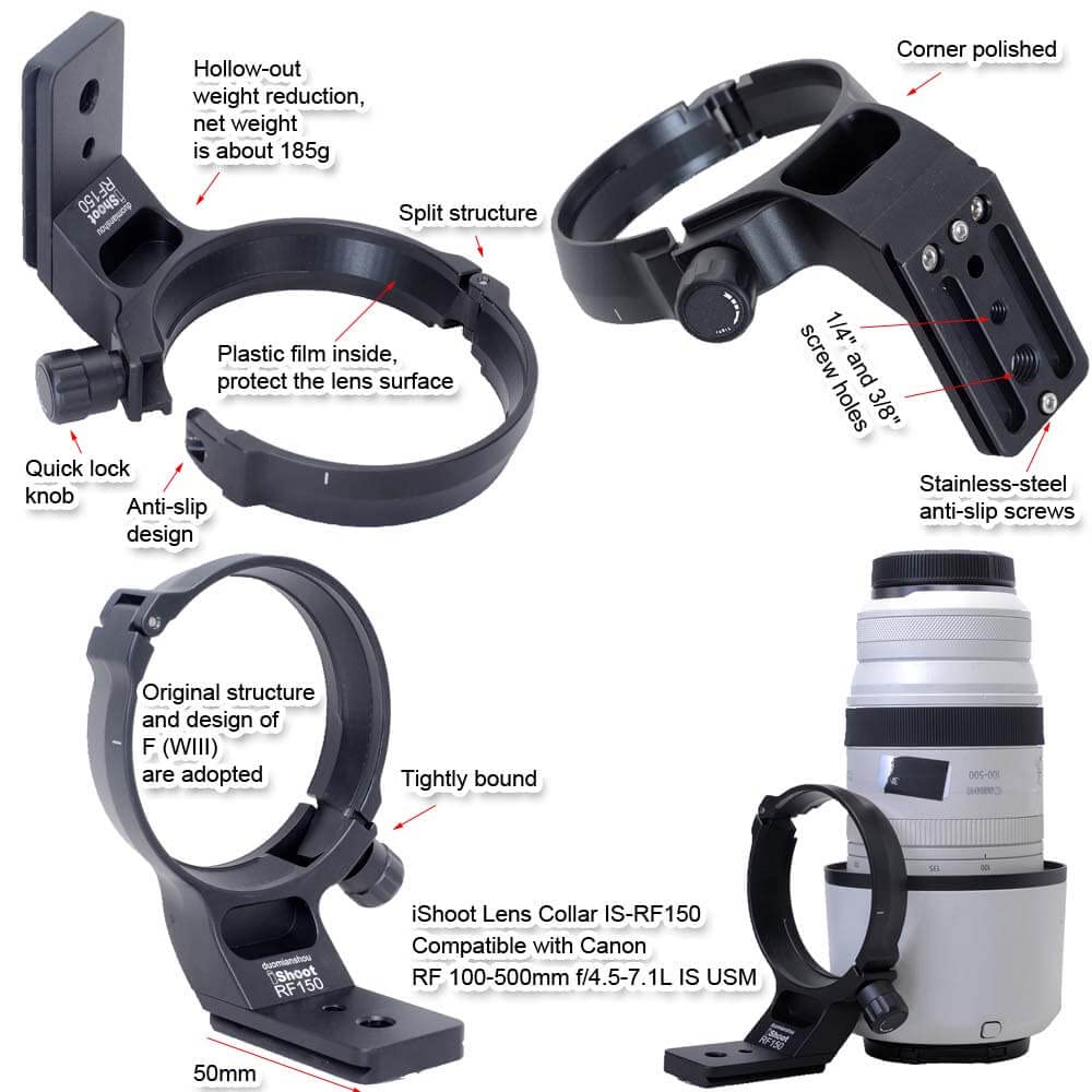 iShoot Tripod Mount Ring Lens Collar for Canon RF 100-500mm f/4.5-7.1L IS USM Lens - Arca-Swiss Compatible Quick Release Plate with Dovetail Groove - Perfect for Wildlife & Sports Photography